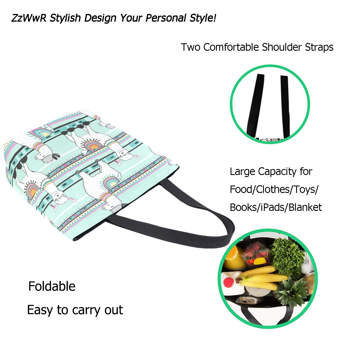 Stylish Cartoon Llama Striped Large Canvas Tote Bag - Reusable Grocery Shopping Bag for Gym, Beach, Travel & Daily Use | Durable Portable Storage Handbag for Women & Men