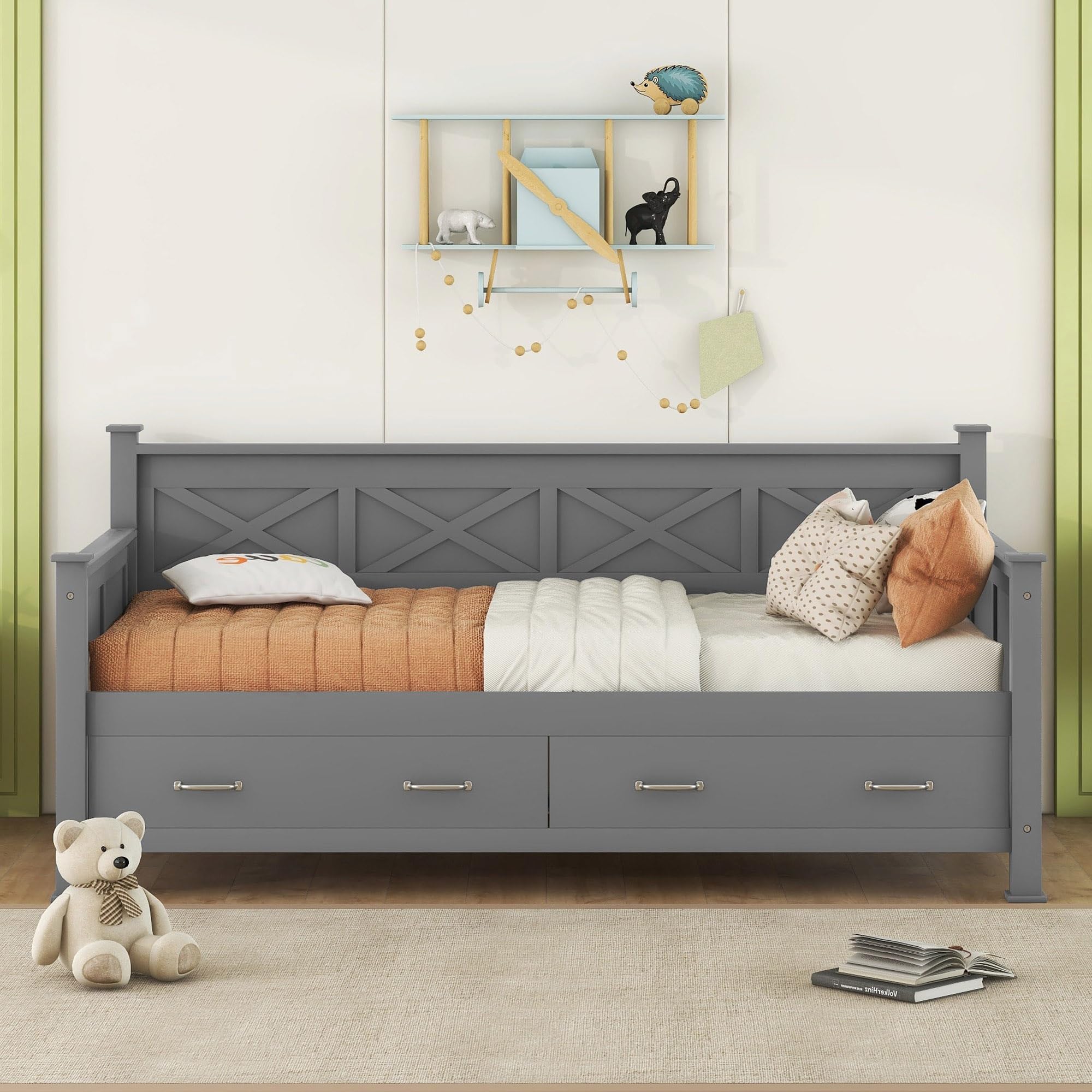 Wooden Daybed with 2 Storage Drawers - Gray Platform Bed for Kids & Guest Room - Space-Saving Furniture for Small Bedrooms, Sleepovers, and Dorm Rooms