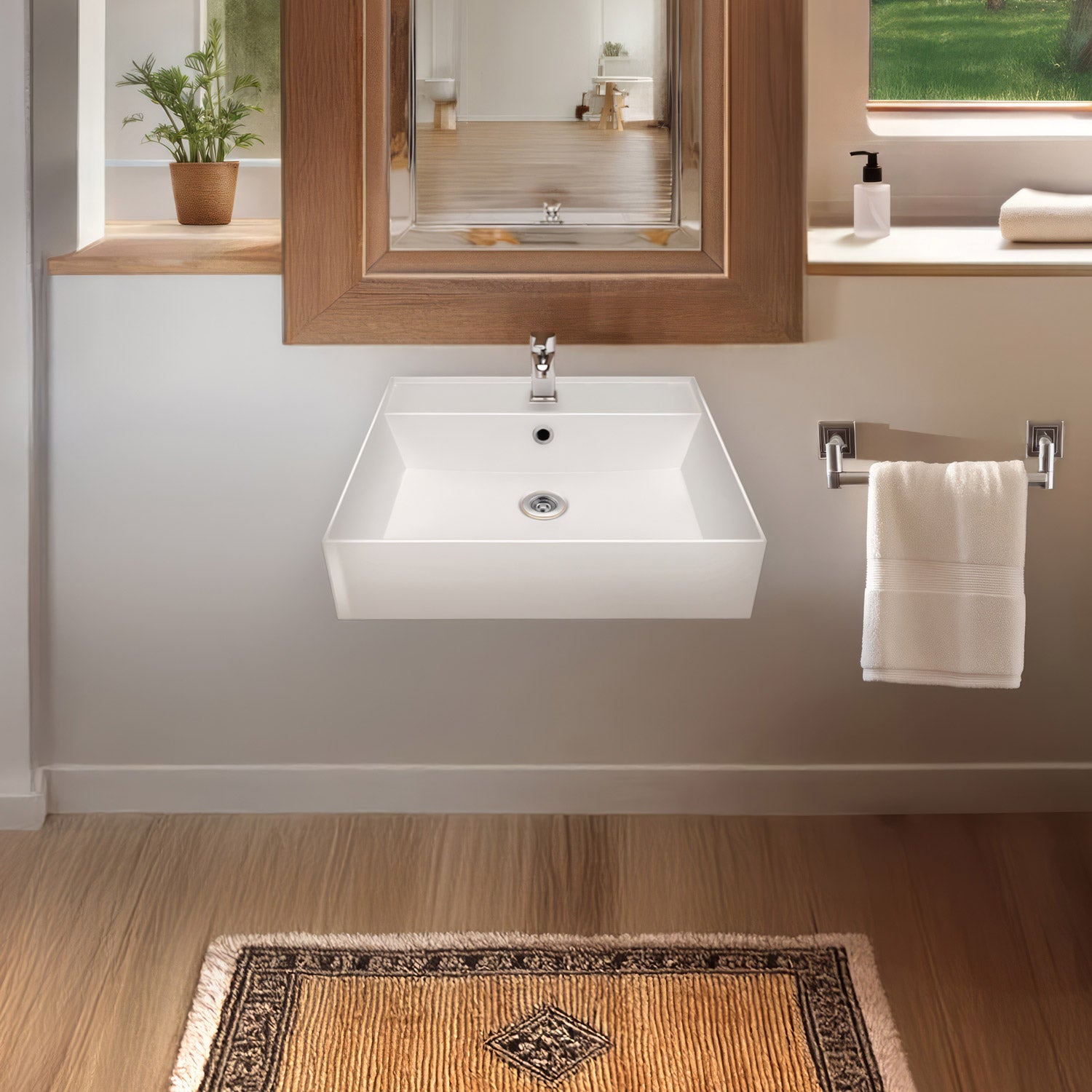 Modern Rectangular Wall Mount Bathroom Sink with Faucet Drilling Options & Overflow - Perfect for Small Bathrooms, Powder Rooms & Contemporary Home Decor