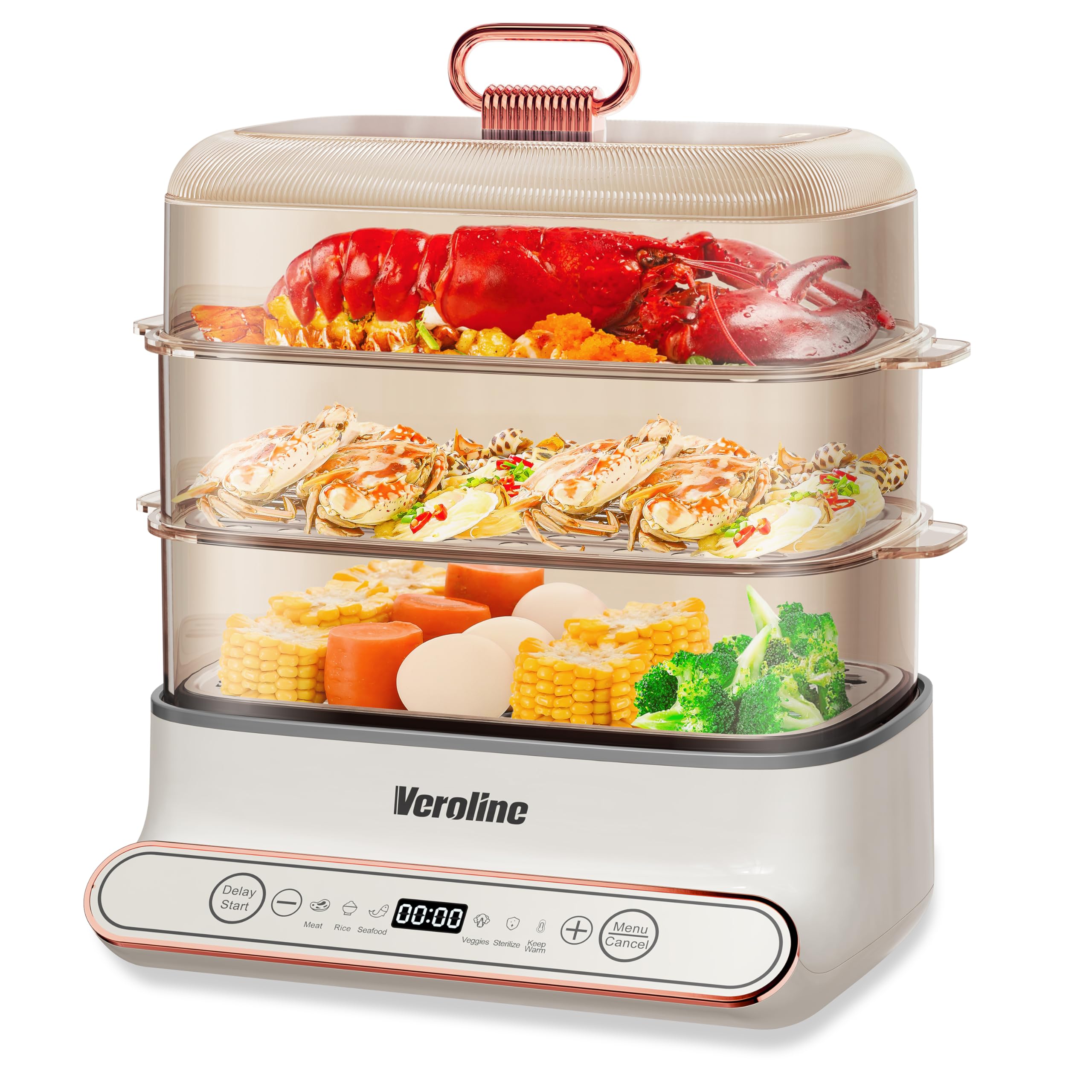 15QT Electric Food Steamer with 3-Tier Stainless Steel Trays - 1200W Fast Cooking, 24H Delay Timer & Auto Shut-Off | BPA-Free for Healthy Meals | Perfect for Vegetables, Dumplings & Meal Prep at Home