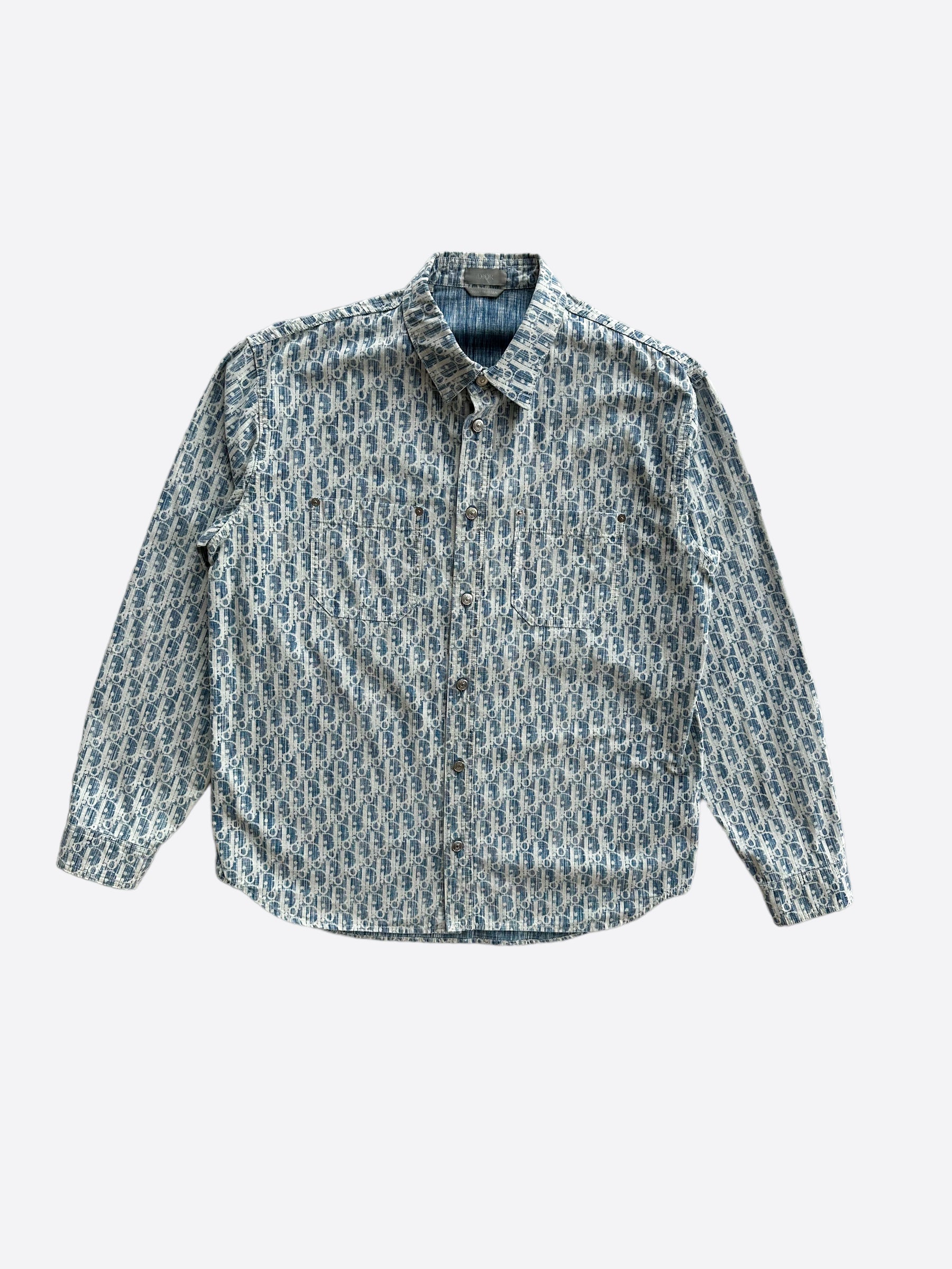 Dior Blue & White Oblique Button Up Shirt for Men - Luxury Designer Casual Wear for Office, Party & Date Night
