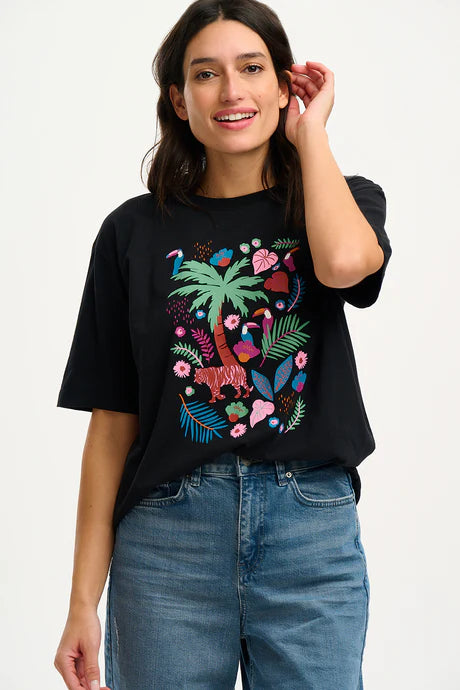 Kinsley Relaxed T-Shirt for Women - Soft Cotton Casual Tee with Tigers & Toucans Print (Black) - Perfect for Everyday Wear, Weekend Outings & Summer Vacation