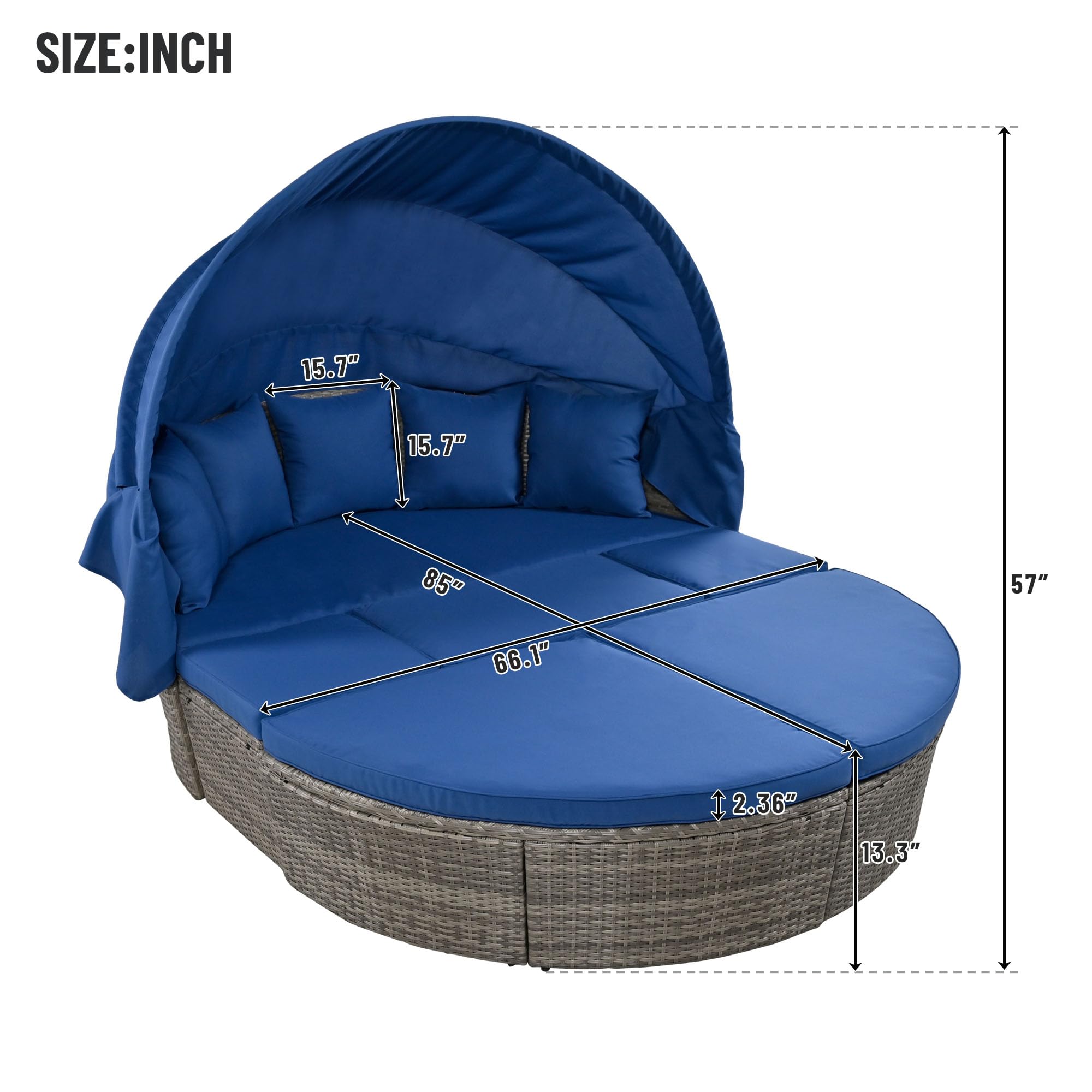 6-Piece All-Weather PE Rattan Patio Furniture Set with Retractable Canopy - Outdoor Round Daybed Sectional Sofa Conversation Set in Blue | Perfect for Backyard, Poolside & Garden Relaxation