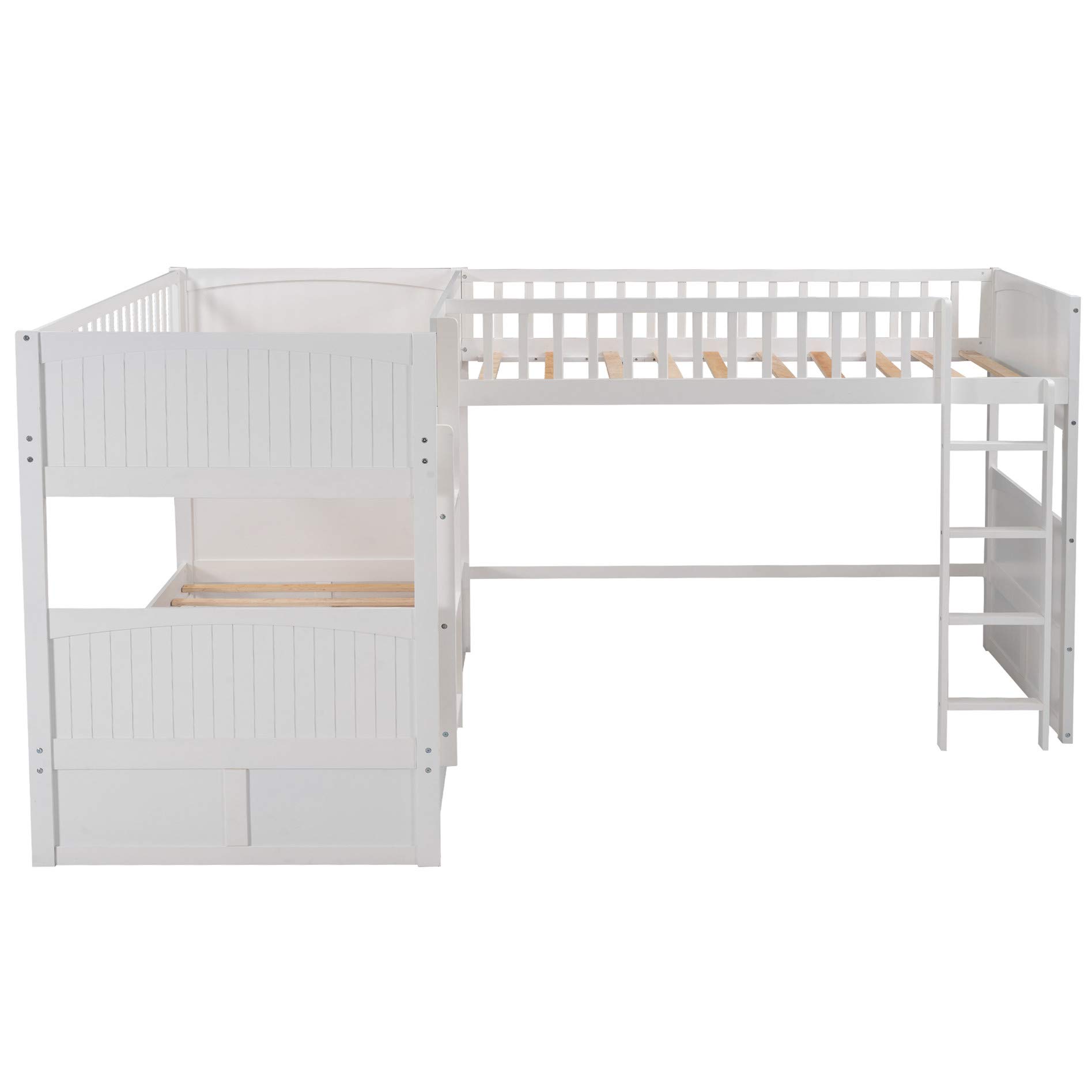 **White Wood Triple Bunk Bed with Drawers - L-Shaped 3-Person Bunk Bed, Twin Over Twin with Loft - Space-Saving Kids, Teens & Adults Bedroom Furniture for Small Rooms, Dorms, Cabins & Shared Spaces**
