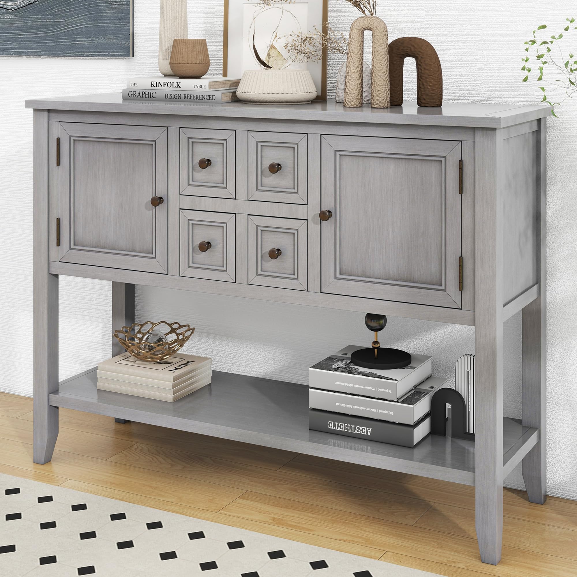 P PURLOVE Antique Grey Console Table with Storage Drawers & Bottom Shelf - Entryway Sofa Table, Buffet Sideboard for Living Room, Hallway & Dining Room Storage Solution