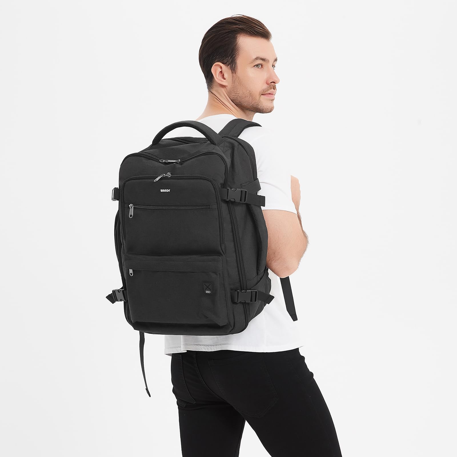 WANDF 18x14x8 Inch Travel Backpack - Approved Spirit Airlines Personal Item Bag with Wet Pocket & Laptop Compartment | 17 Inch Laptop Backpack for Men & Women (Black) | Perfect for Air Travel, Commuting & Business Trips