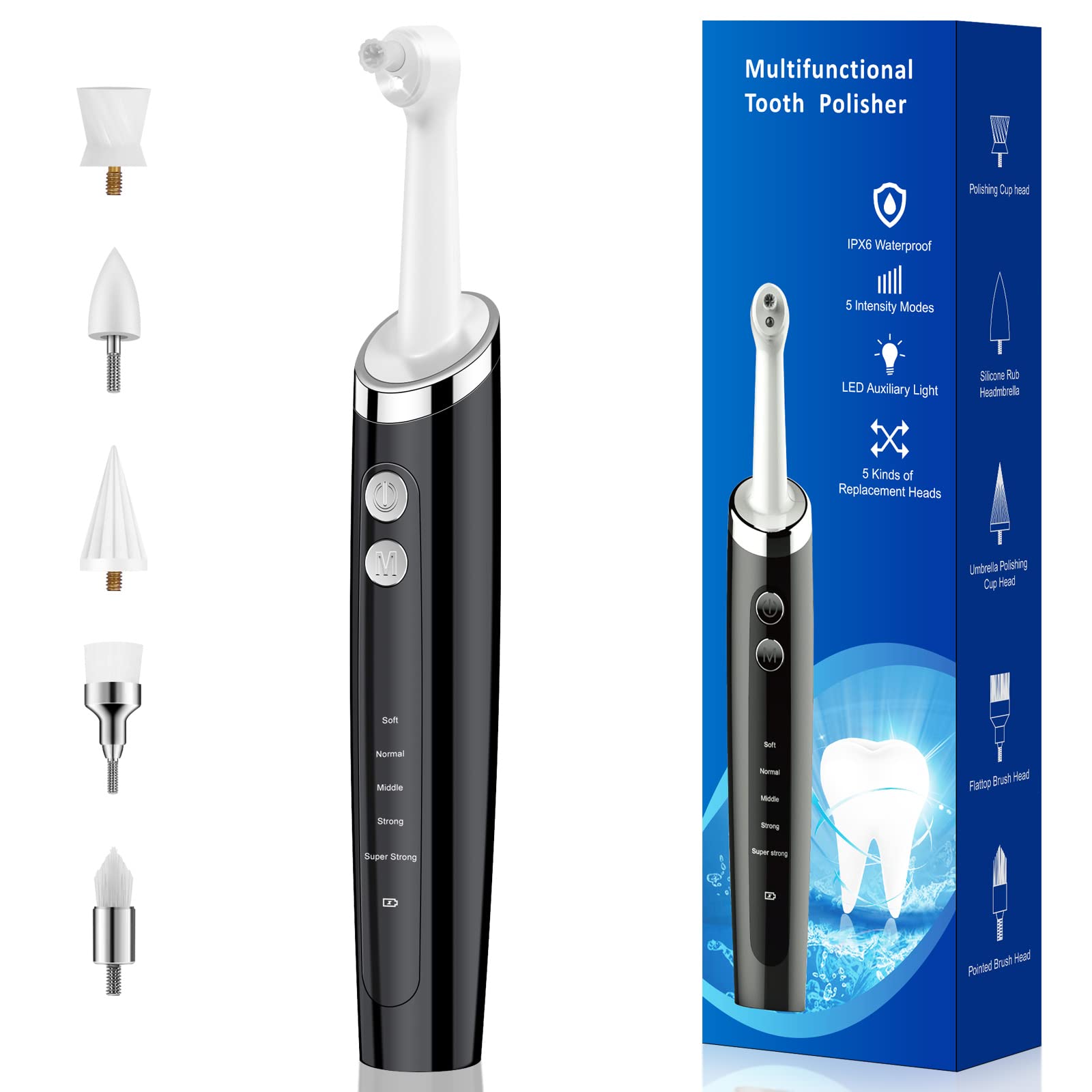 Rechargeable Electric Tooth Polisher Kit with LED Light - 5 Brush Heads & 5 Speed Modes for Teeth Whitening, Cleaning & Polishing - Waterproof Dental Care for Home & Travel Use