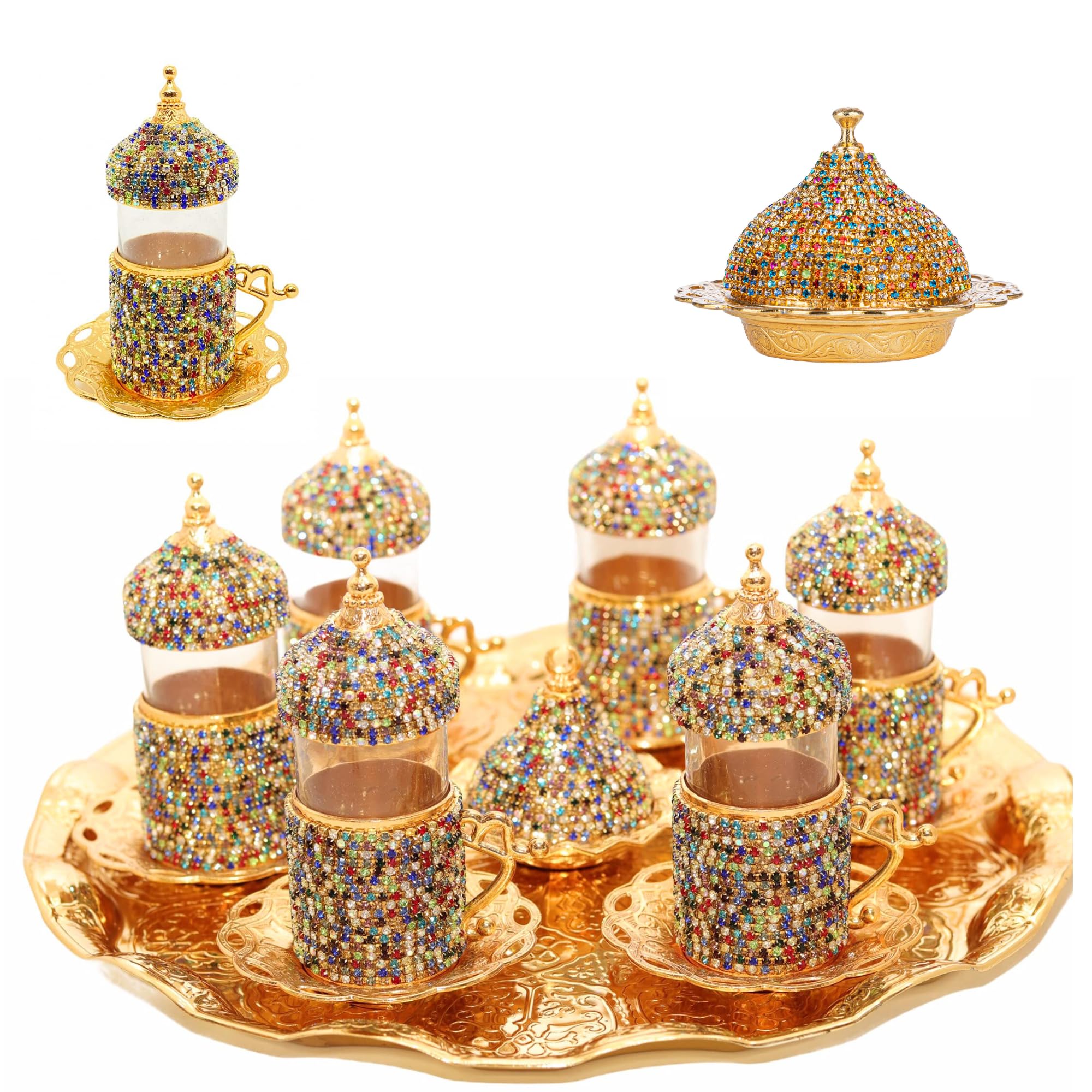 Premium Crystal-Embellished Turkish Tea Glass Set with Zamak Holders & Saucers - 6-Piece Set (Multicolor) - Perfect for Traditional Tea Ceremonies, Home Decor & Gift Giving