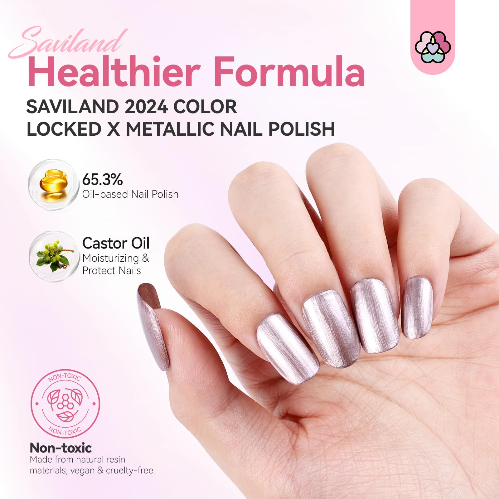 SAVILAND Metallic Rose Gold Nail Polish - 0.34 oz Quick Dry Chrome Nail Lacquer with Castor Oil, Chip Resistant & Easy Removal | DIY Nail Art for Toes & Fingers | Perfect for Home Manicures, Parties & Special Occasions