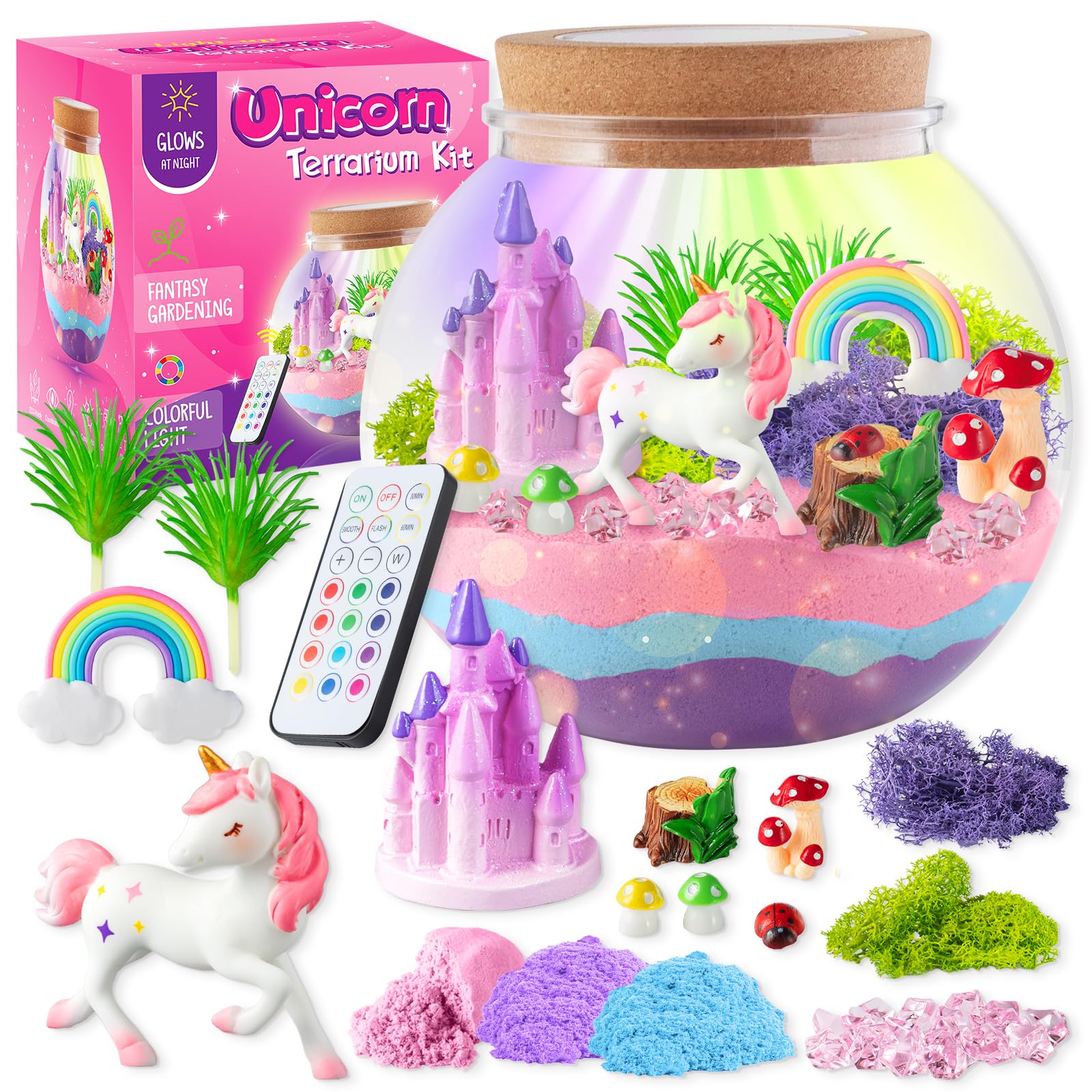 JOYEEMAX Unicorn Terrarium Kit with LED Lights - DIY Arts & Crafts Night Light for Kids Ages 4-12 - Creative Birthday Gift for Girls - Educational STEM Toy for Bedroom Decor & Relaxation