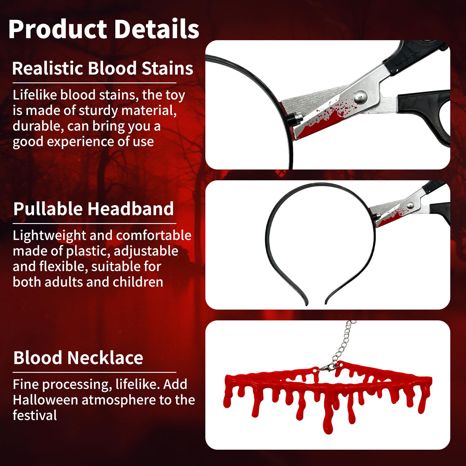 2pcs Halloween Fake Knife Headband & Vampire Blood Drip Necklace Set - Scary Plastic Bloody Knife Through Head Accessory for Cosplay, Zombie Makeup, Horror Parties & Halloween Props - Perfect for Costume Parties, Haunted Houses & Themed Events