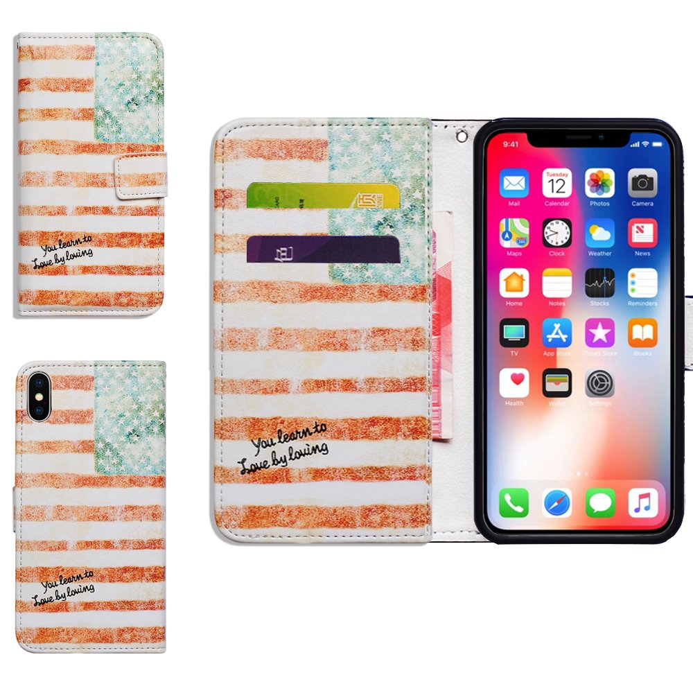 iPhone X/Xs Wallet Case - Bcov Retro American Flag Leather Folio Cover with Credit Card Slots & Kickstand | Slim Protective Phone Case for Daily Use, Travel, and Business