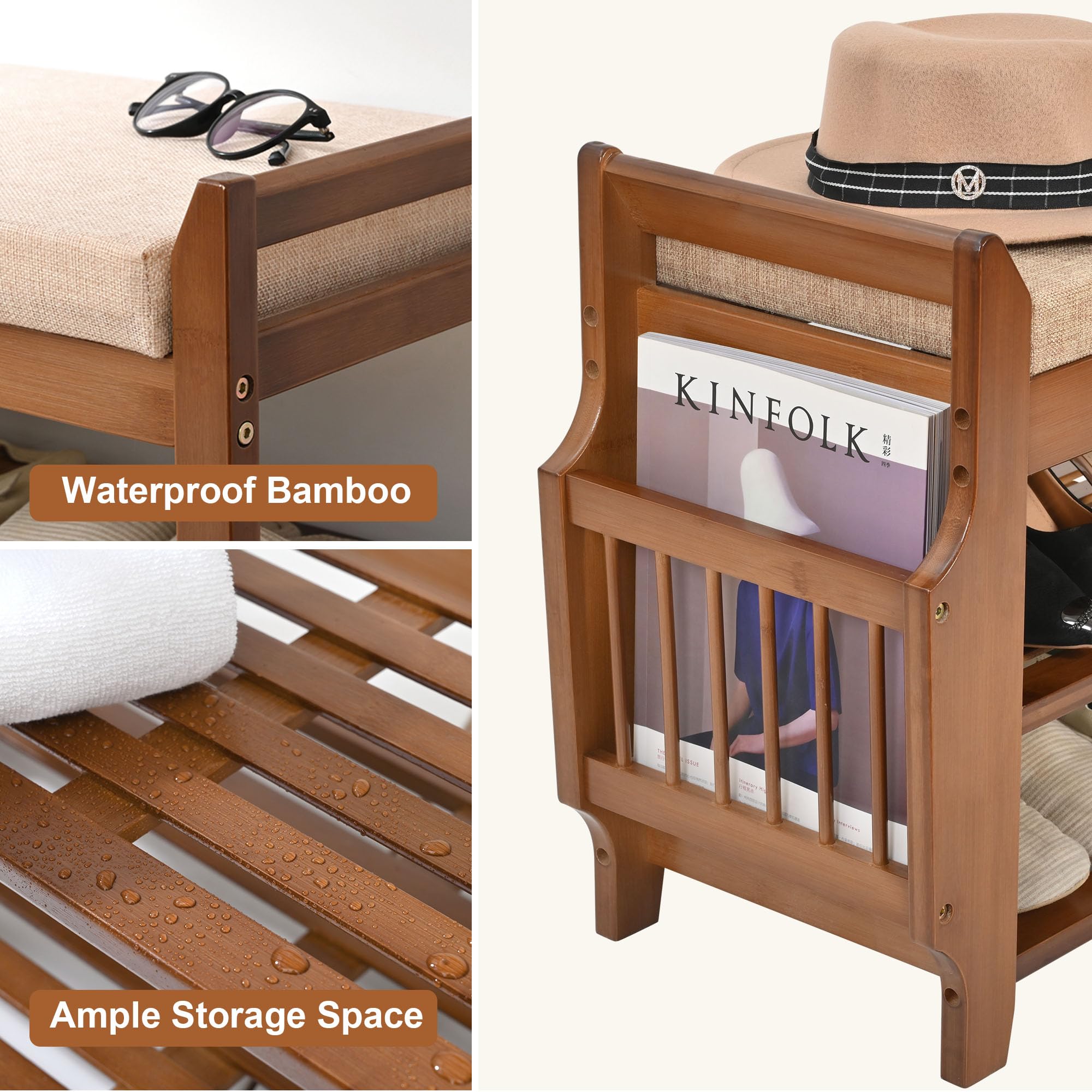 2 Tier Bamboo Shoe Rack Bench with Storage - Entryway Shoe Organizer for Hallway, Living Room & Bedroom - Space Saving Shoe Storage Solution for Home & Apartment