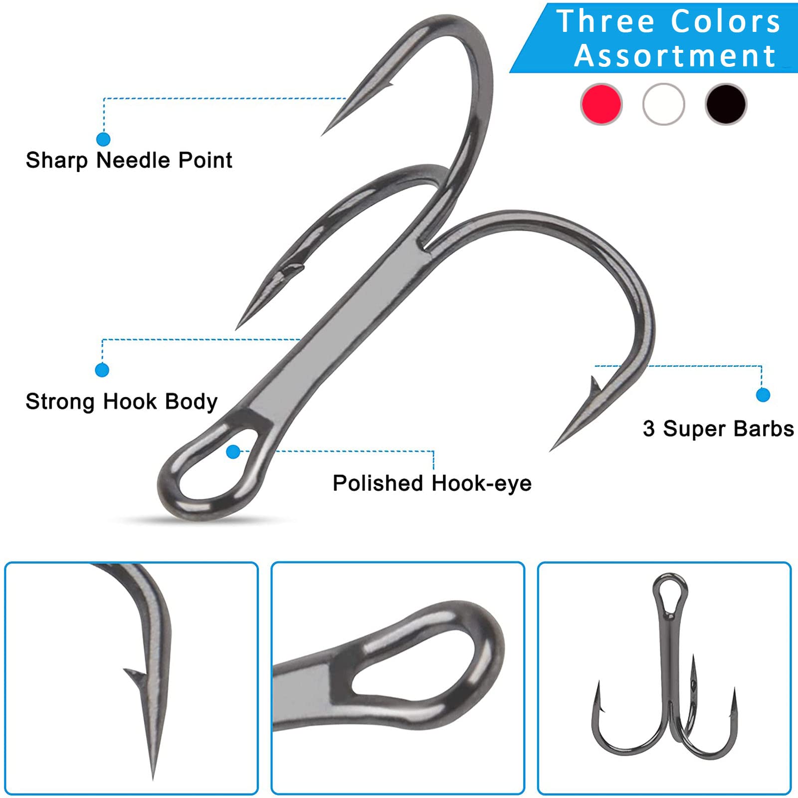 JSHANMEI High Carbon Steel Fishing Treble Hooks Kit - Ultra Sharp Round Bend Hooks for Hard Bait Lures | Saltwater & Freshwater Fishing | Perfect for Bass, Trout, and Walleye Angling