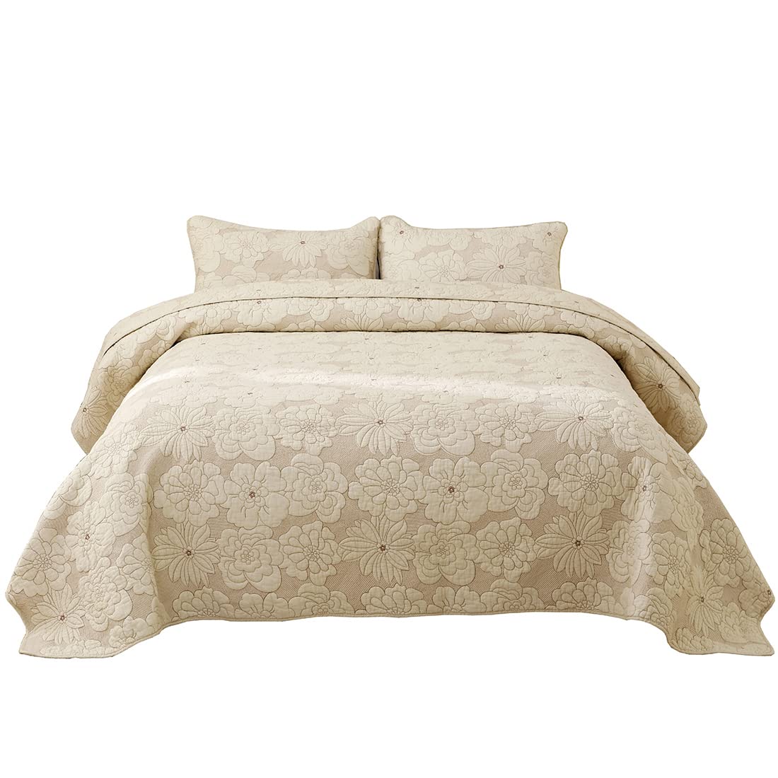 VCTOPS 3-Piece Bohemian Floral Embroidered Quilted Bedspread Set - Queen Size Farmhouse Style Beige Coverlet for Bedroom Decor, Perfect for Country Chic & Cozy Home Aesthetics