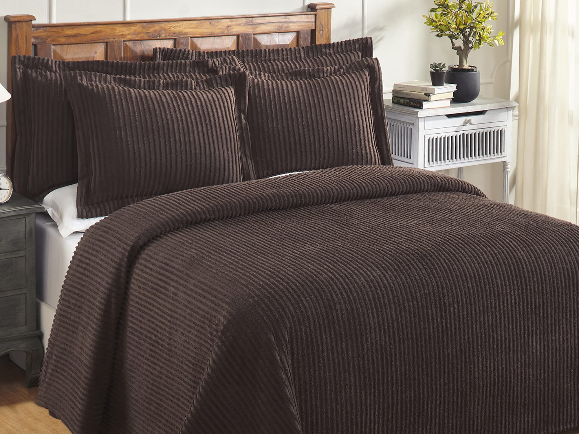 Better Trends Chocolate King Bedspread Set - 100% Cotton Tufted Classic Stripe Coverlet | Soft & Cozy All-Season Bedding | Machine Washable 3-Piece Set | Jullian Collection | Perfect for Master Bedrooms, Guest Rooms & Cozy Home Decor