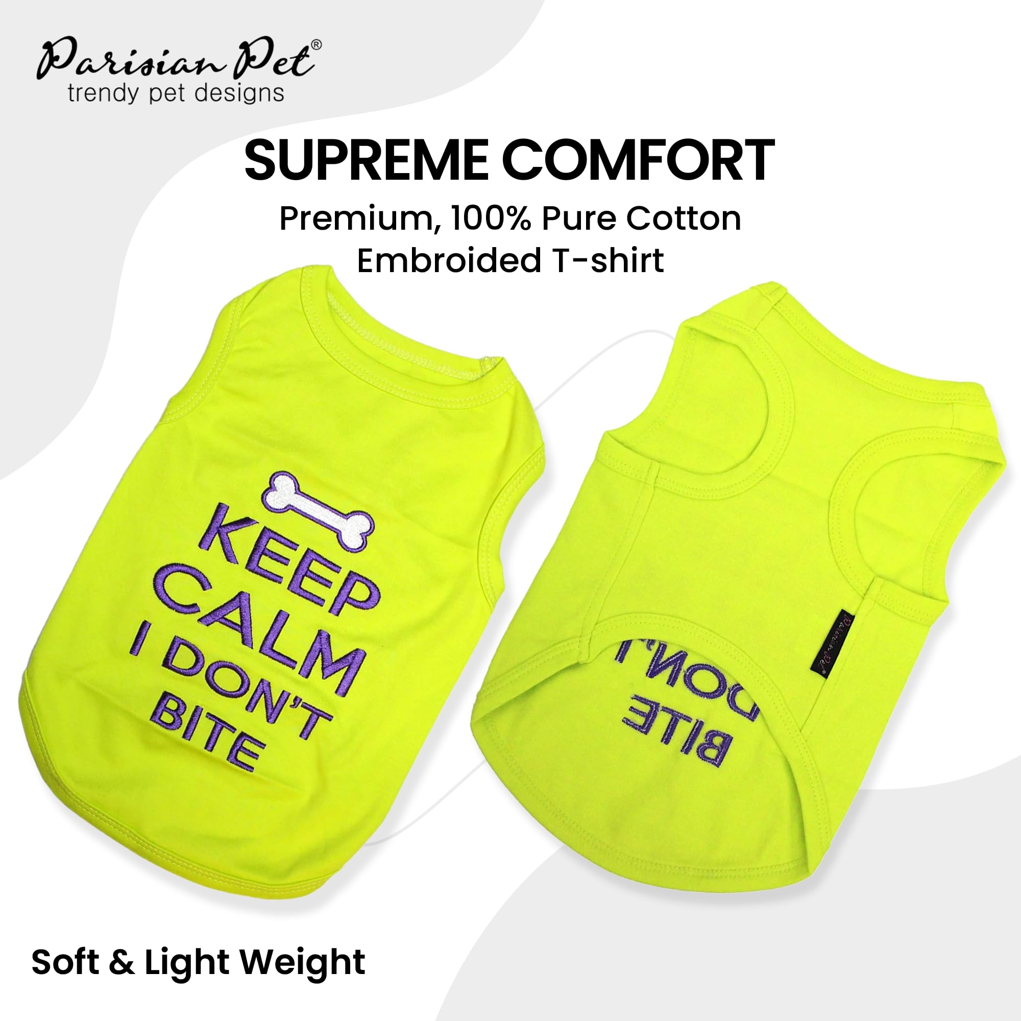 Parisian Pet Dog T-Shirt - Embroidered 'Keep Calm I Don't Bite' Sleeveless Dog Shirt - Breathable Lightweight Summer Dog Clothes for Medium Dogs - Machine Washable Dog Tee - Perfect for Walks, Park Visits & Outdoor Adventures