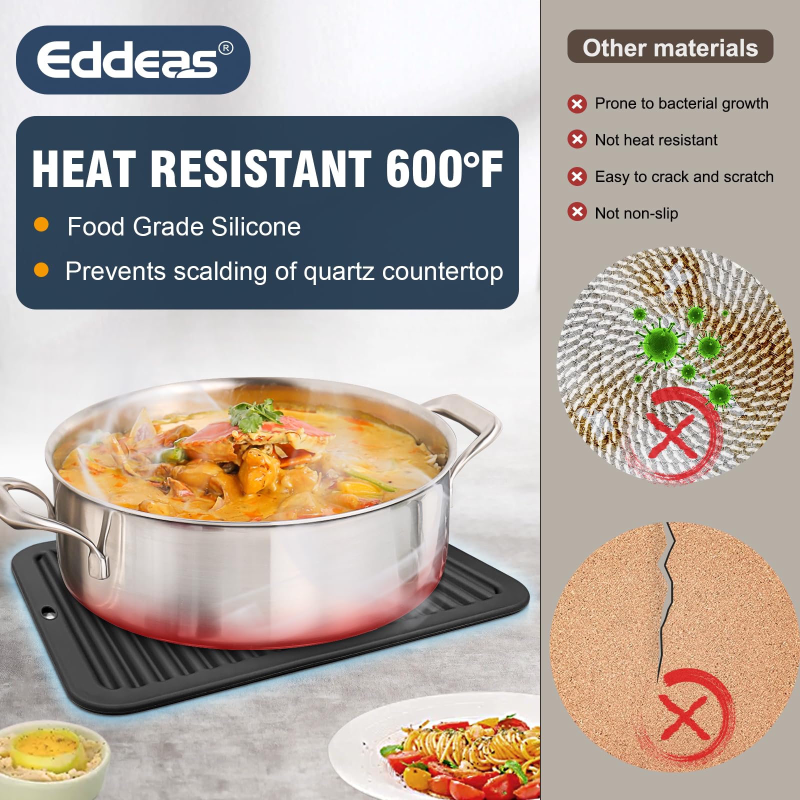 Heat-Resistant Silicone Trivets for Kitchen - Set of 2 Black Hot Pads (12