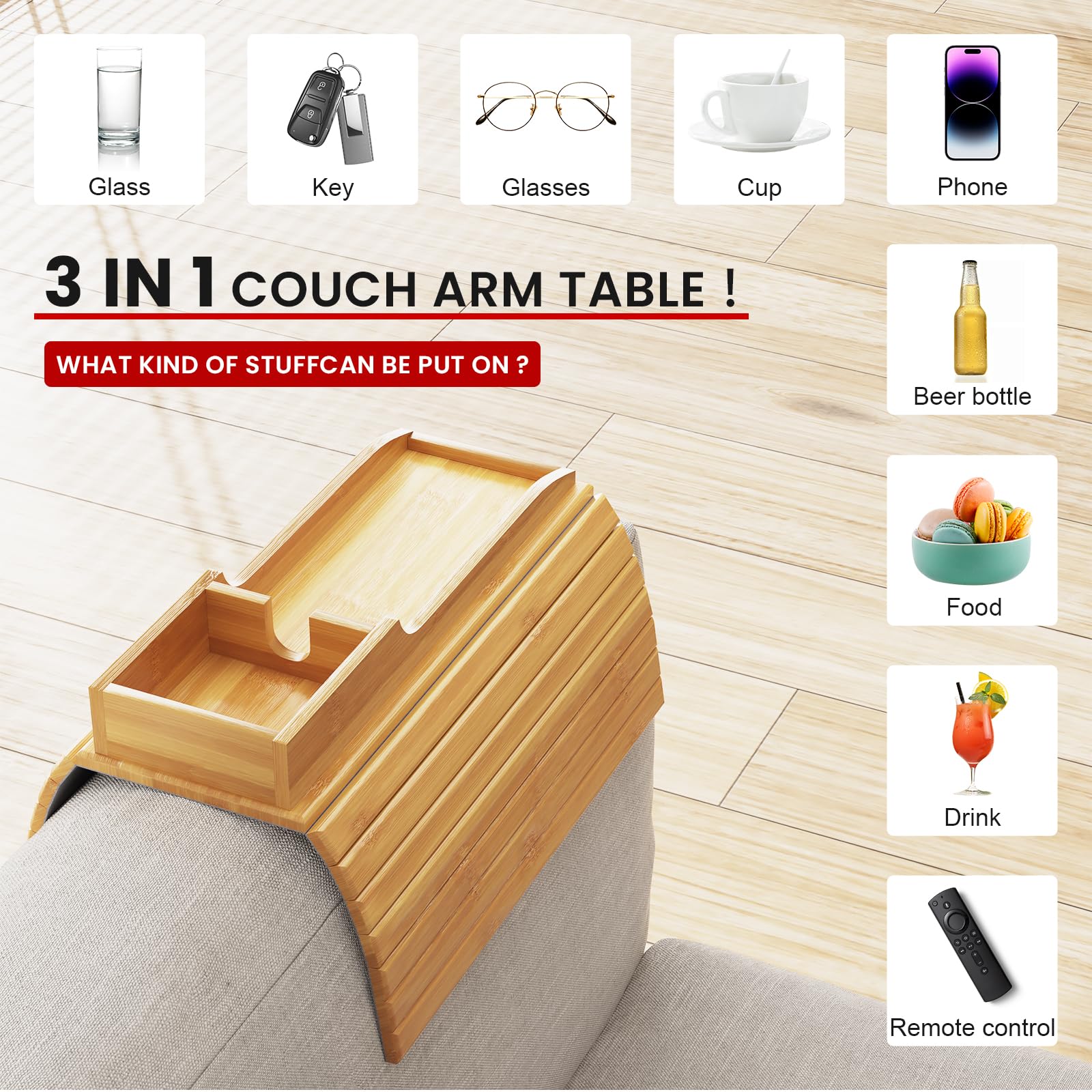 Foldable Natural Bamboo Couch Cup Holder - Anti-Slip Sofa Drink Holder & Arm Tray for Eating, Drinking, Snacks, Remote Control | Perfect for Movie Nights, Gaming, and Relaxing on the Couch