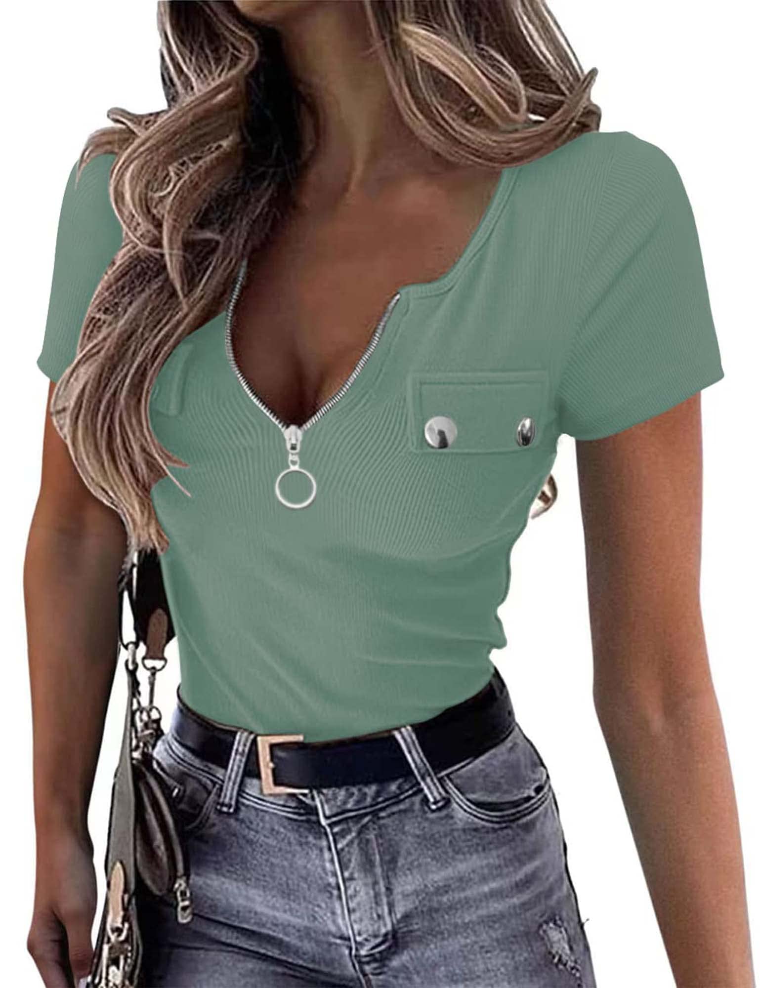 Women's Summer Tops - Sexy V Neck Short Sleeve Slim Fit Zip Up Ribbed Knit Blouse | Casual Outfits, Date Night & Beach Wear