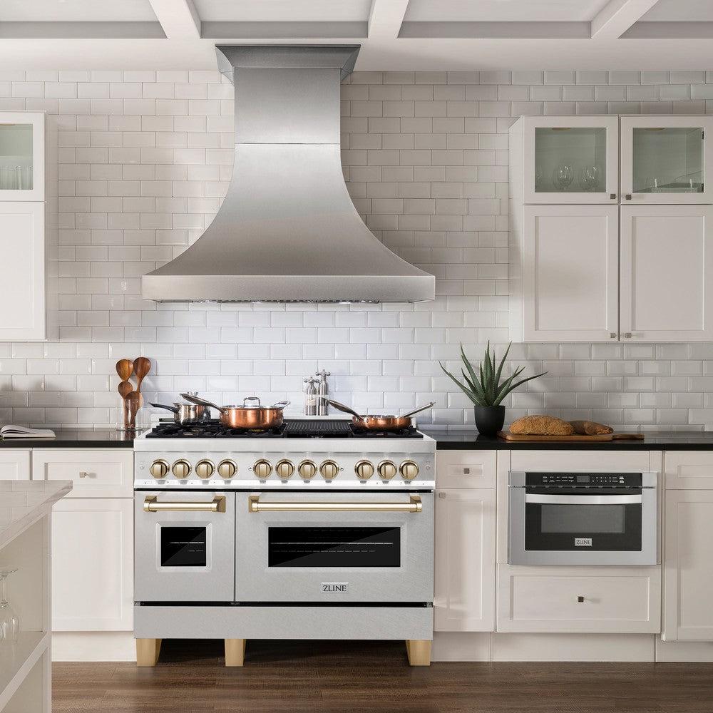 ZLINE Autograph Edition 48-inch Dual Fuel Range - 6.0 cu.ft Capacity, 7-Burner Gas Cooktop & 2 Electric Ovens - Satin Stainless Steel with Polished Gold Accents (RASZ SN 48 G) - Perfect for Professional Home Chefs & Luxury Kitchens