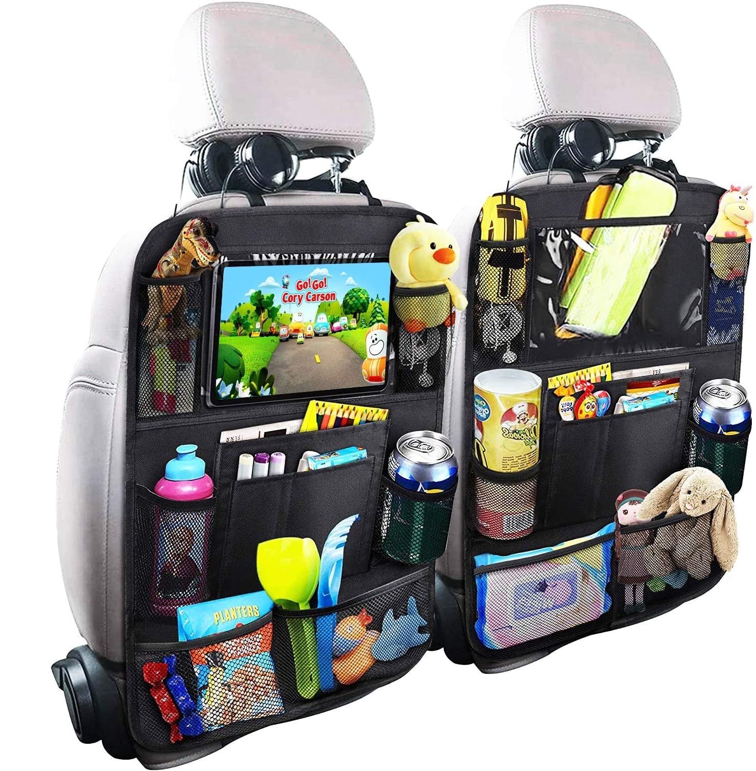 UBANTE Car Backseat Organizer with Touch Screen Tablet Holder - 9 Storage Pockets & Kick Mats - Car Seat Back Protector for Kids & Toddlers - Travel Accessories for Road Trips & Family Vacations (2 Pack)