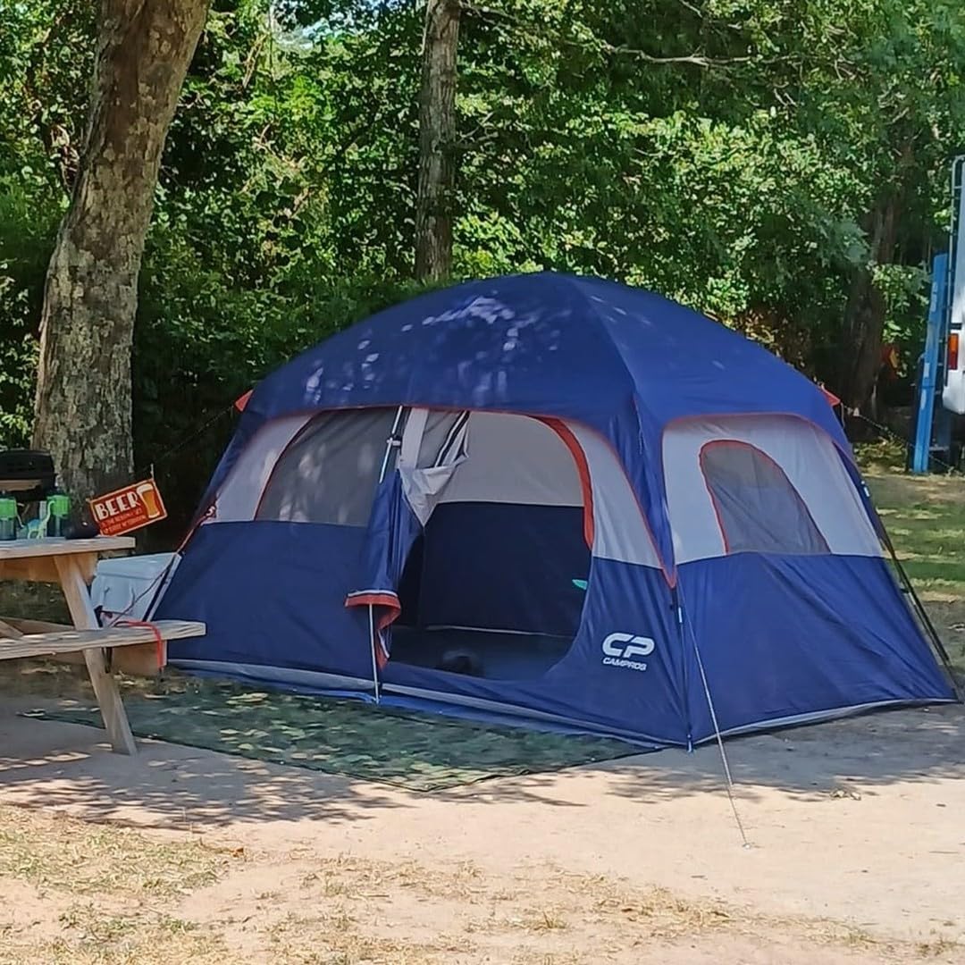 Campros 6/8 Person Waterproof Windproof Family Camping Tent with Top Rainfly - 4 Large Mesh Windows, Double Layer Design for All Seasons - Easy Setup & Portable with Carry Bag - Perfect for Family Camping Trips, Hiking Adventures & Outdoor Festivals