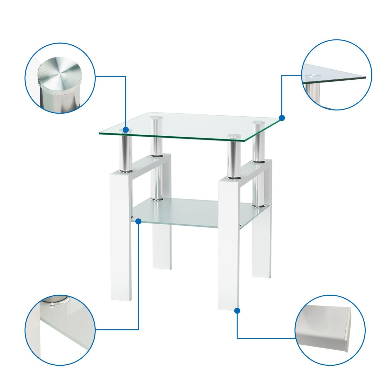3 Piece Modern Glass Coffee Table Set with Tempered Glass Top & Sturdy Metal Legs - Includes Coffee Table and 2 End Tables - White Legs & Clear Glass - Perfect for Living Room, Bedroom or Office Furniture (Style 1)