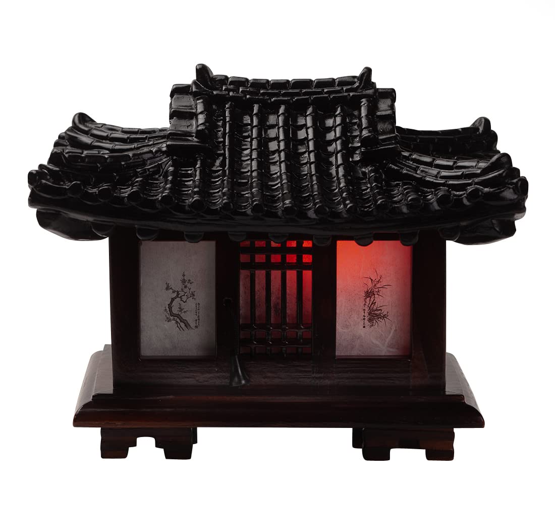 Handmade Antique Korean Hanok Pagoda Table Lamp - Traditional Wood Carved Art Deco Lantern for Bedroom, Living Room & Office Decor - Asian Inspired Brown Oriental Lighting with Pavilion Design