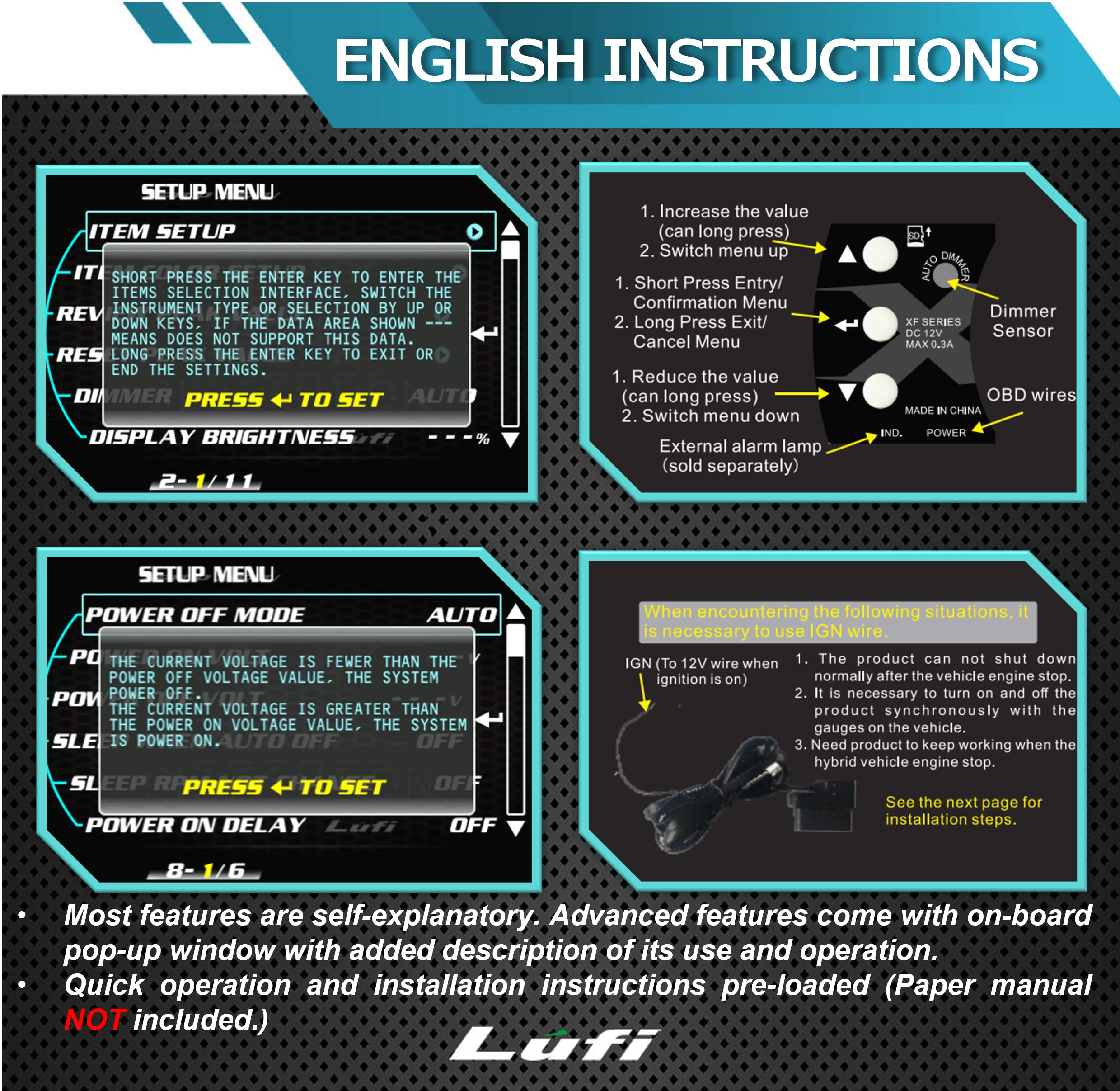 Lufi XF OBD2 Gauge Display - Multi-Function Car Data Monitor with Head Up Display - Fast Response & Highly Customizable - Compatible with Most Vehicles 2007+ (Excludes Boost/Transmission/Oil Temp/Pressure) - Perfect for Performance Tuning, Real-Time Monitoring & Driving Safety