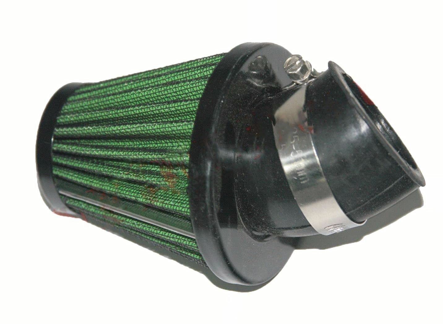 High-Performance 45 Degree Bend Green Motorcycle Air Filter Unit - 42mm with Secure Clamp | Perfect for Harley, Cruiser & Off-Road Bikes | Enhanced Airflow & Engine Protection