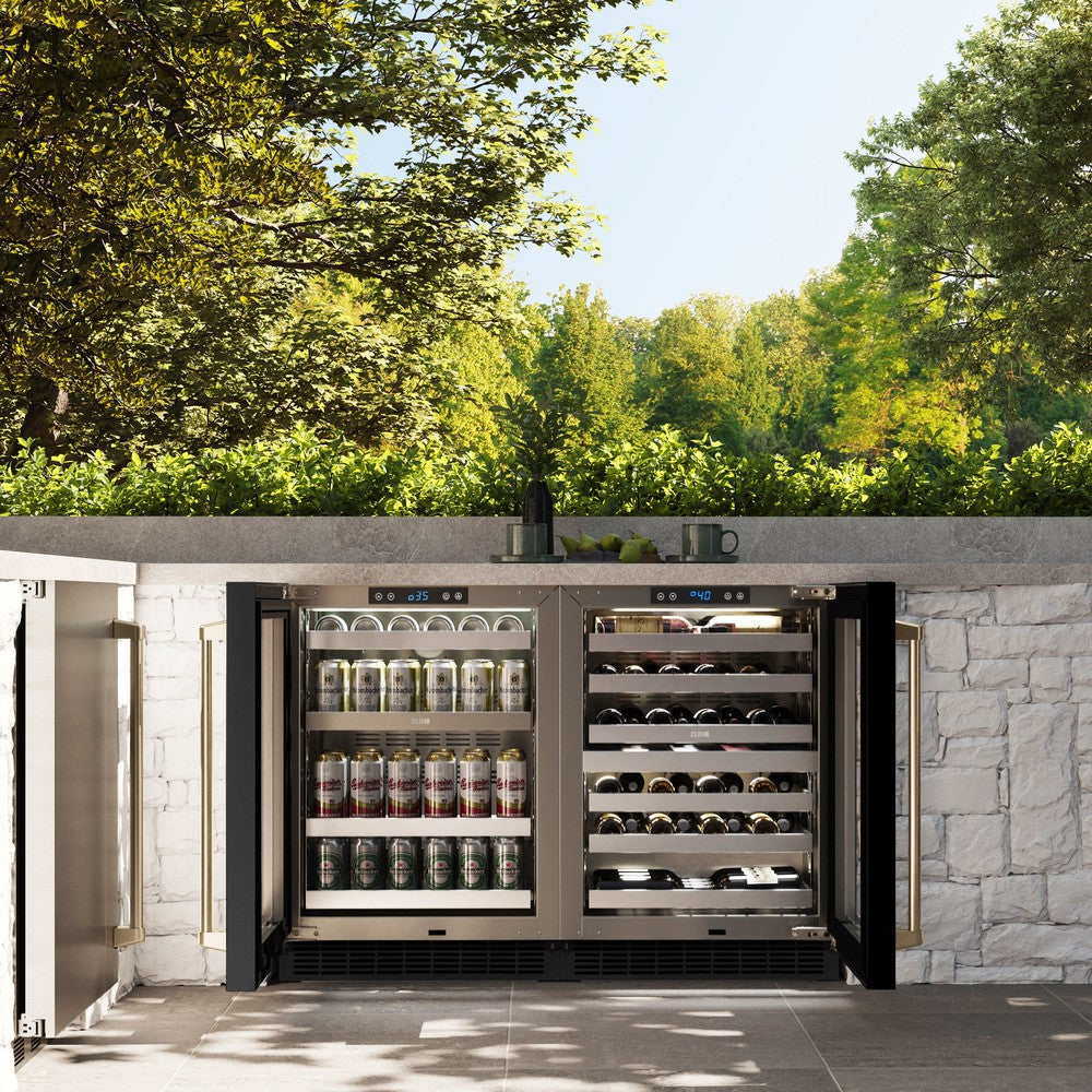 ZLINE Autograph Edition 24 Inch Touchstone 151 Can Beverage Refrigerator - Black Stainless Steel Glass Door with Champagne Bronze Handle - Compact Wine Cooler & Mini Fridge for Kitchen, Bar, Office, or Man Cave (RBSOZ BS 24 CB)