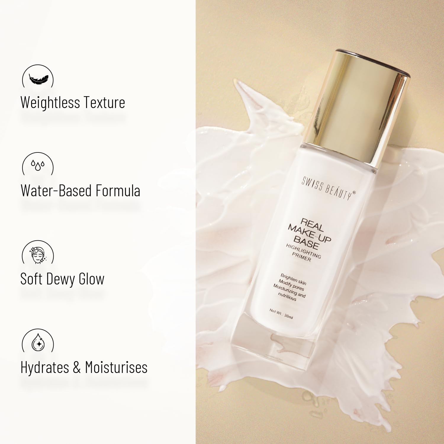 Swiss Beauty Real Makeup Base Highlighting Primer | Hydrating Poreless Face Primer with Natural Glow Finish | Shade - Natural Tint, 32ml | Perfect for Daily Makeup, Bridal Looks & Photo Shoots