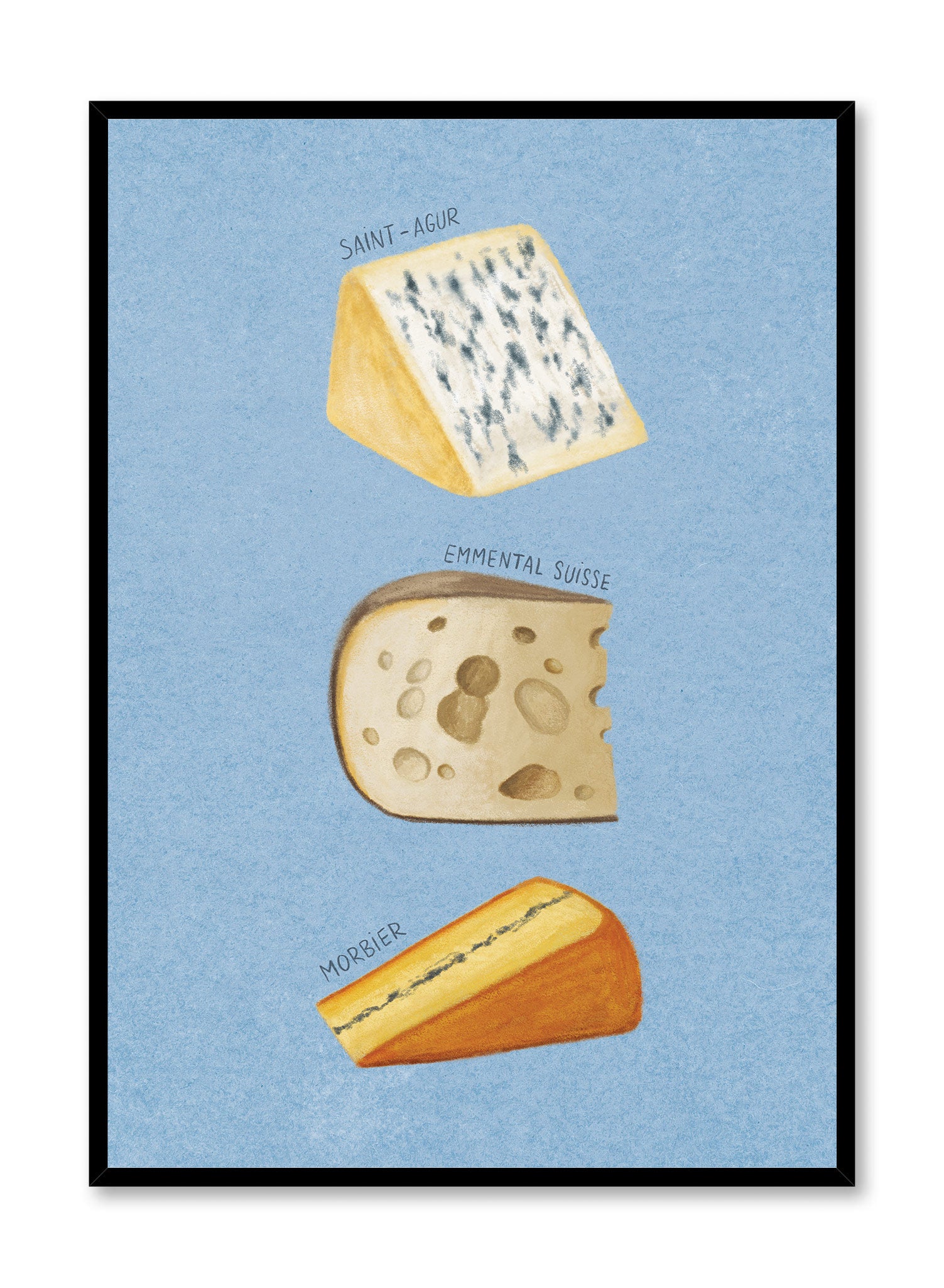 Hand Drawn Cheeses Poster - Vintage Style Kitchen Wall Art Decor for Dining Room, Cafe & Cheese Shop