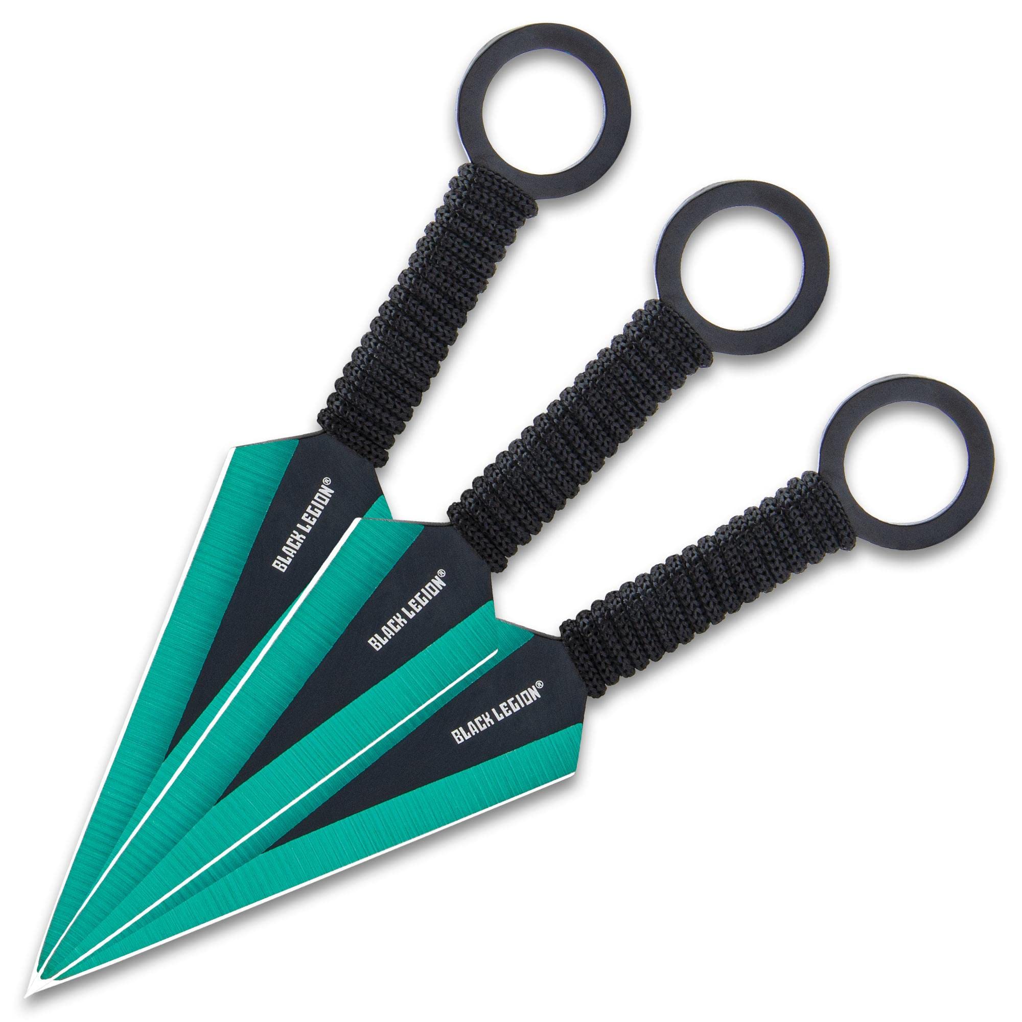 Black Legion Emerald Ninja Set - 3 Kunai Knives & Samurai Sword, Full-Tang Black Stainless Steel with Green Accents - Perfect for Cosplay, Martial Arts Training & Collector's Display