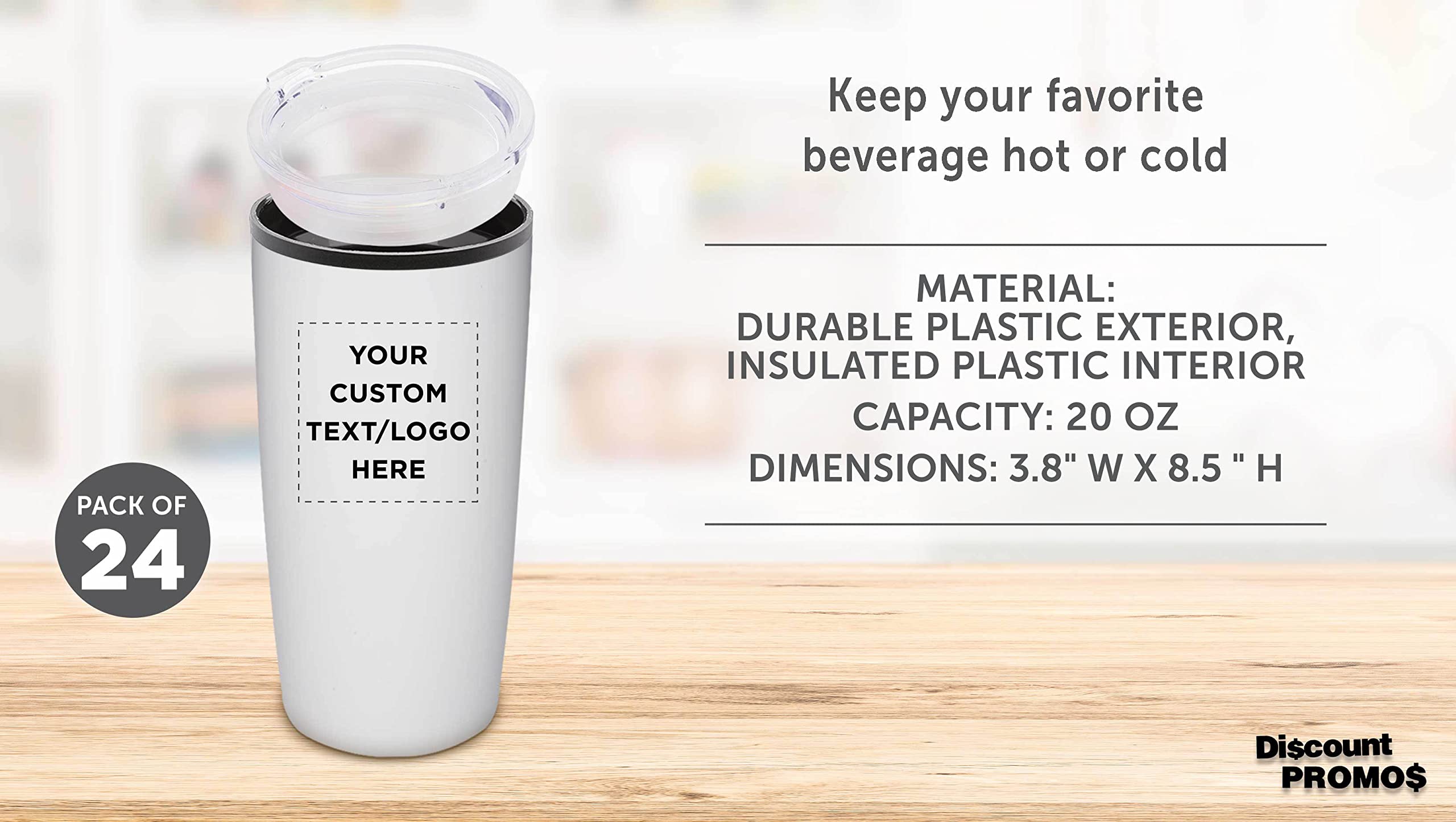 24-Pack Custom 20 oz Plastic Tumblers with Lids - Insulated Personalized Bulk Coffee Cups for Iced Drinks, Smoothies & Takeout - White (Great for Restaurants, Cafes & Party Favors)
