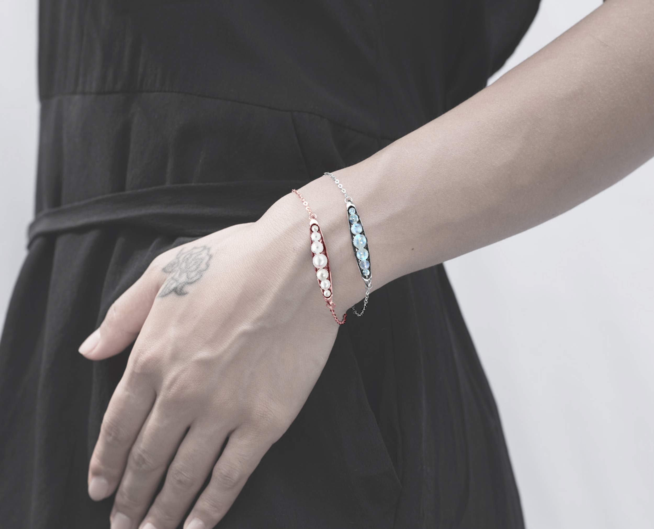 Majade 14K Rose Gold Pearl Bracelet - Handmade Fertility Birthstone Jewelry for Mom, Minimalist White Silver Pearl Bar Bracelet, June Birthstone Pea in a Pod Design - Perfect for Mother's Day Gifts, Wedding Accessories & Special Occasions
