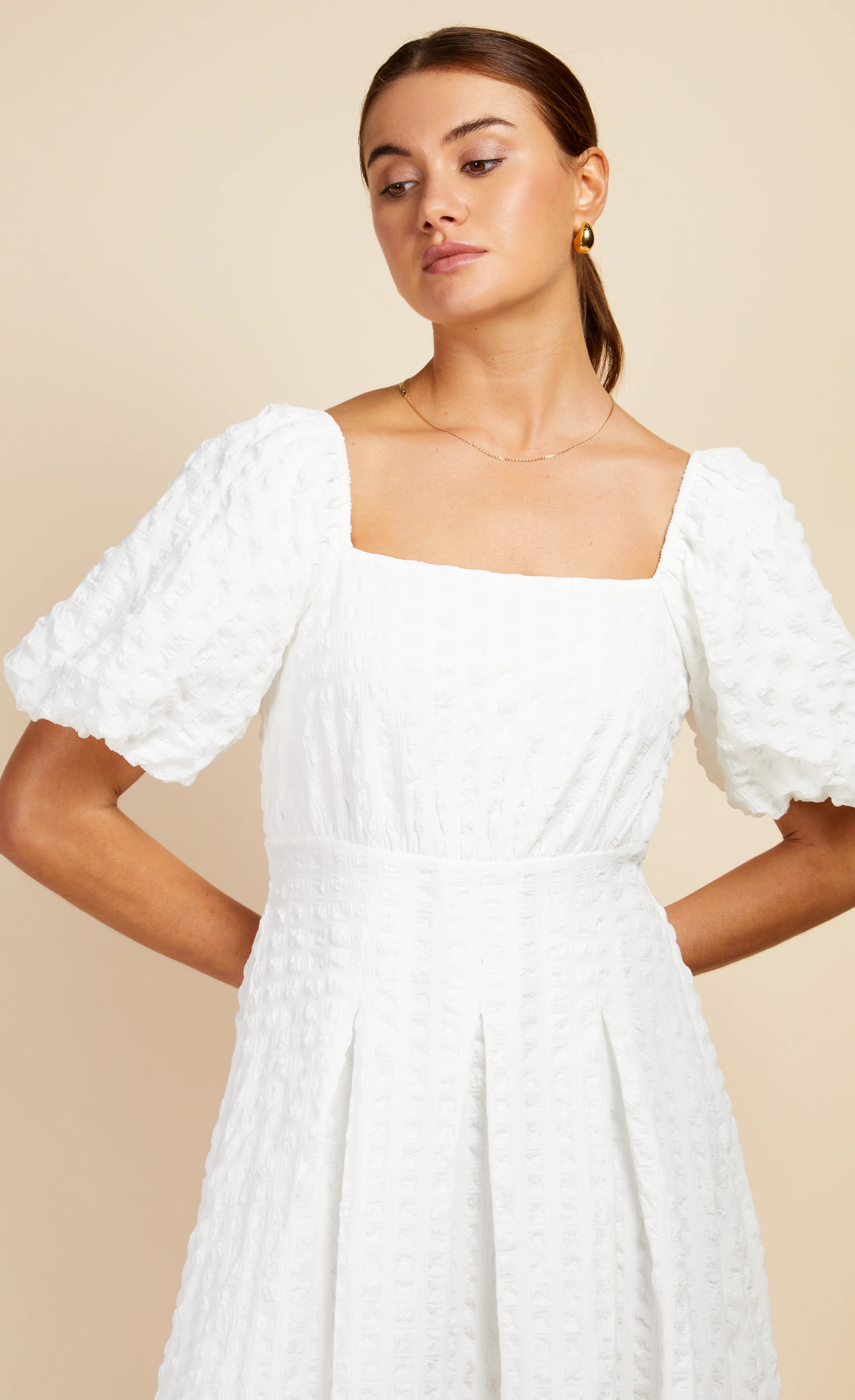 Diana Textured Puff Sleeve Midaxi Dress - Elegant White Midi Dress for Women | Perfect for Weddings, Parties & Special Occasions