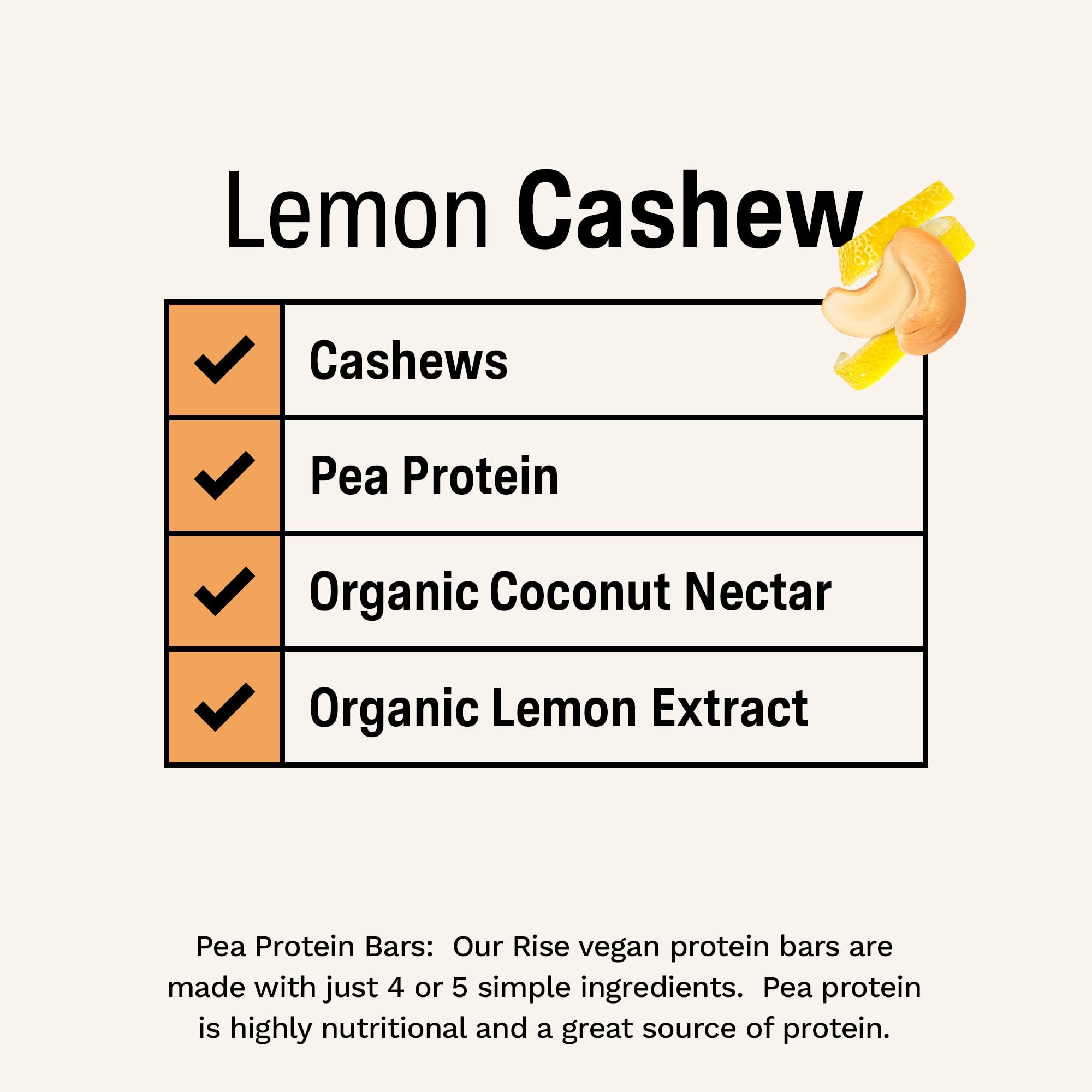 Rise Vegan Lemon Cashew Pea Protein Bar - 15g Plant-Based Protein, Non-GMO, Gluten & Soy Free, 3 Whole Food Ingredients | Healthy Breakfast Snack, Post-Workout Recovery, On-the-Go Nutrition