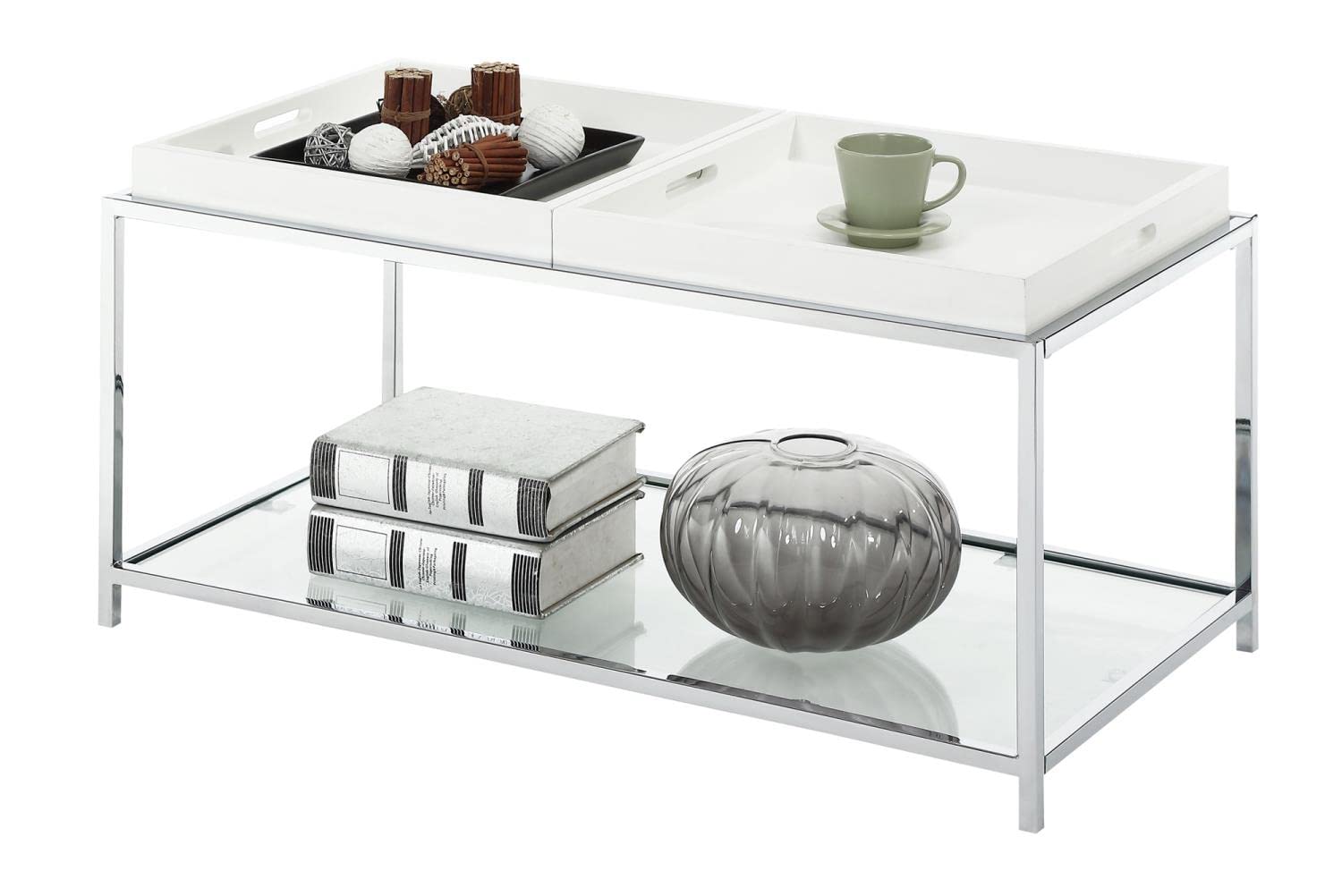 Palm Beach Coffee Table with Shelf & Removable Trays - White Modern End Table for Living Room, Perfect for Small Spaces & Home Decor