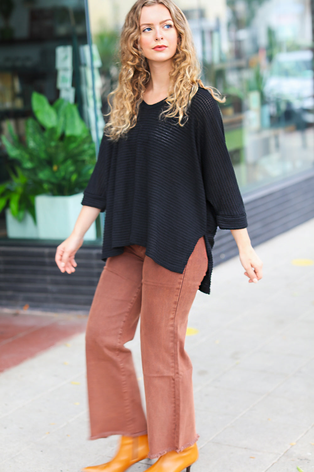 Open Your Mind Black Jacquard Hi-Low V-Neck Sweater for Women | Elegant & Stylish Pullover for Casual Outings, Date Nights & Office Wear