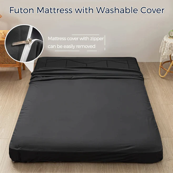 MAXYOYO Padded Japanese Floor Mattress - Black Foldable Roll Up Futon for Bedroom, Guest Room & Travel | Comfortable Floor Sleeping Mat for Adults & Kids
