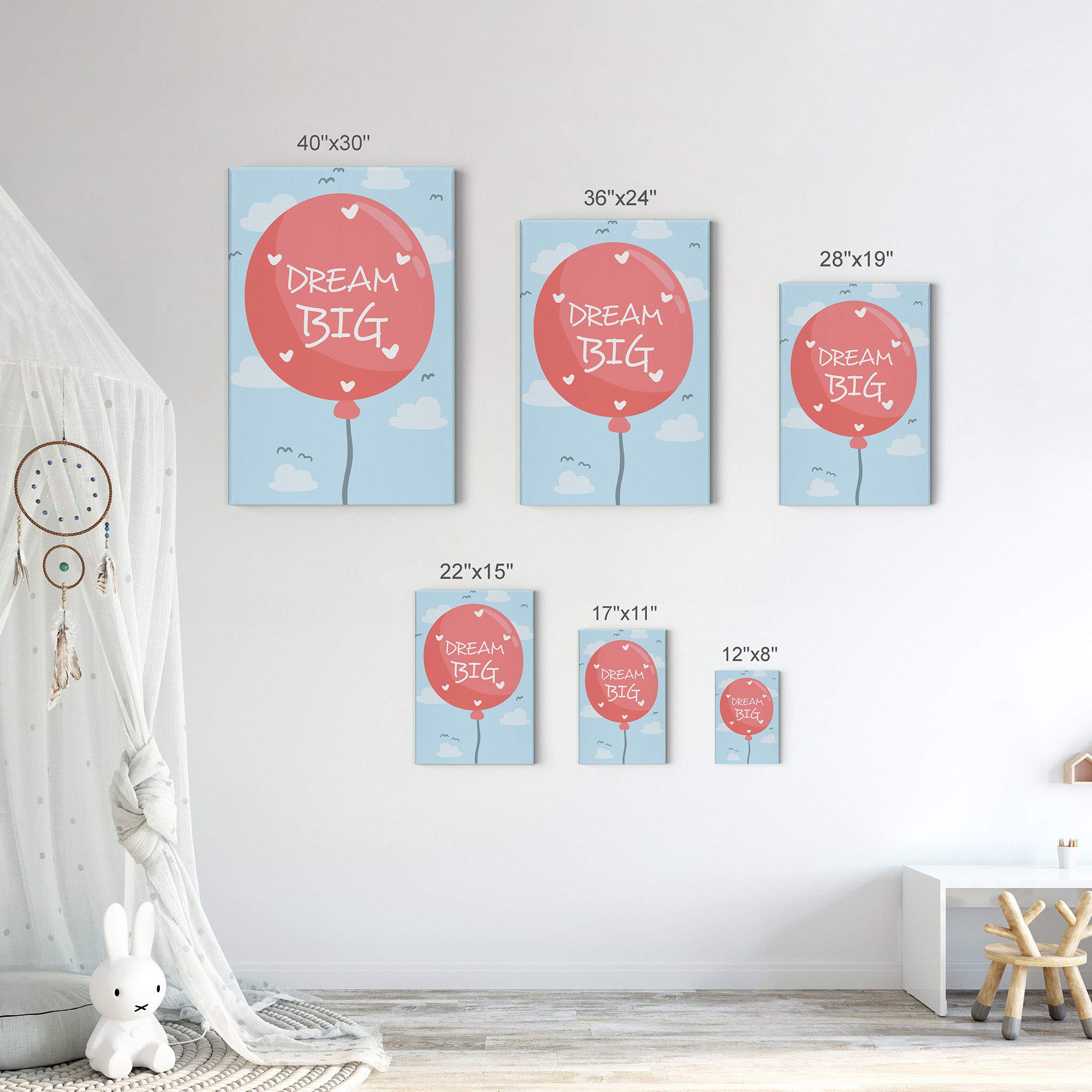 Dream Big Lettering Pink Balloon Blue Background Canvas Wall Art - 40x30 Inch Ready to Hang Nursery Decor, Kids Room Decor, Baby Room Decor - Made in USA | Perfect for Bedrooms, Playrooms & Gift Ideas