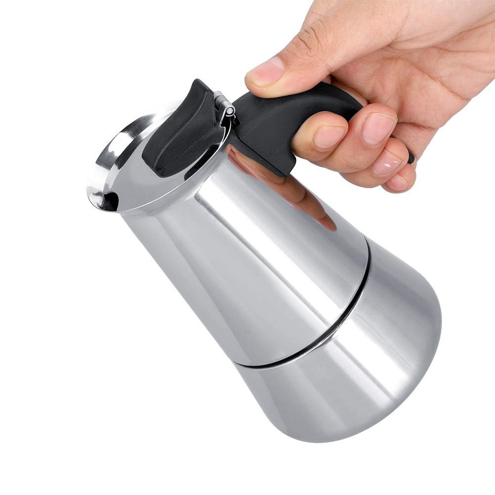 Stainless Steel Moka Pot Espresso Maker - 100ML Stovetop Coffee Maker with Wide Bottom, Portable for Home, Office & Coffee Shops - Perfect for Espresso Lovers & Italian Coffee Brewing