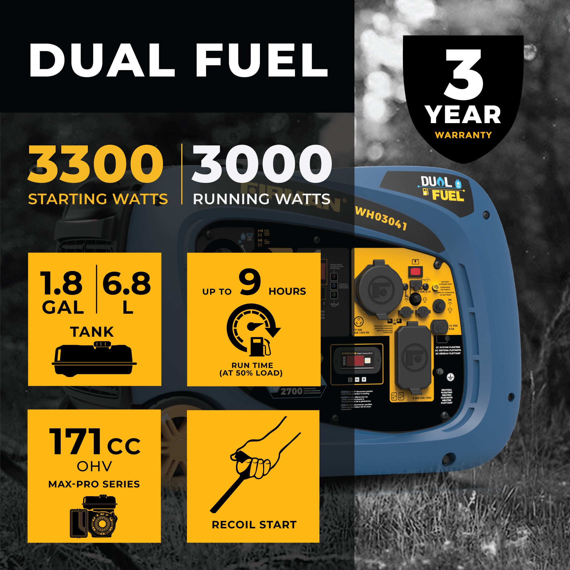 3300W Dual Fuel Inverter Generator - Portable & Quiet Power Solution for Camping, RV, Home Backup & Outdoor Activities