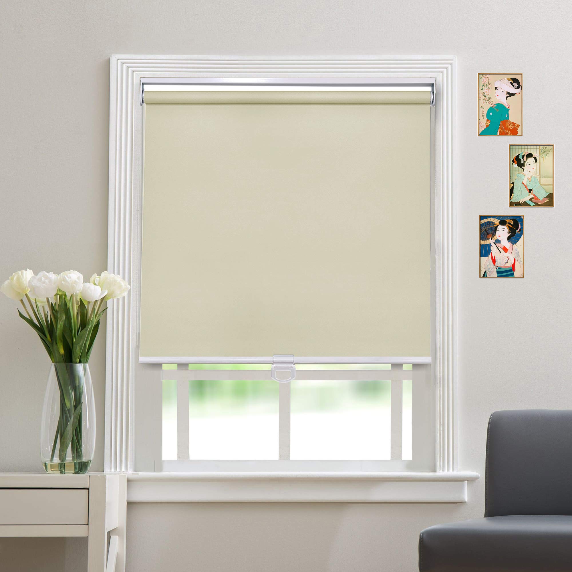 Blackout Cordless Roller Blinds for Windows - 100% Light Blocking Custom Shades, Safety Spring Roller Shades for Privacy & Room Darkening (Beige, 24.5