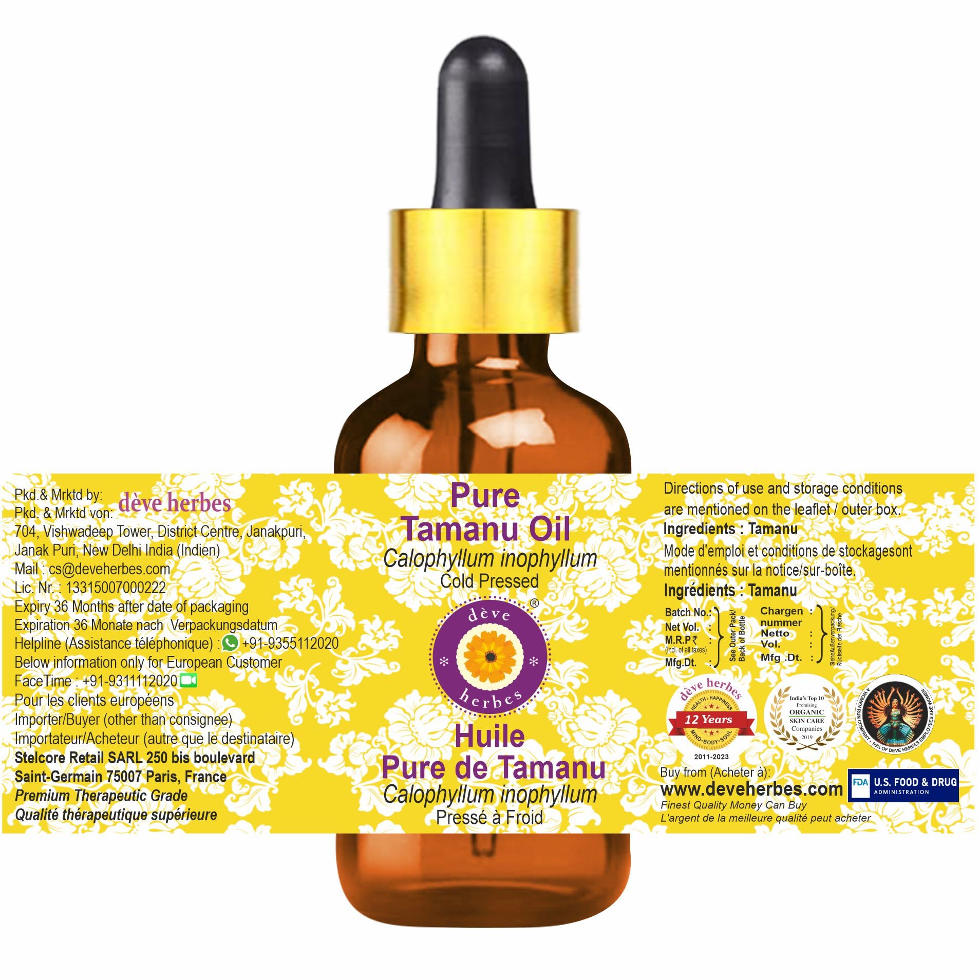 Pure Tamanu Oil (Calophyllum Inophyllum) - Cold Pressed, 100% Natural, 3-Pack with Glass Dropper (10 oz Total) - For Skin Care, Hair Growth & Wound Healing