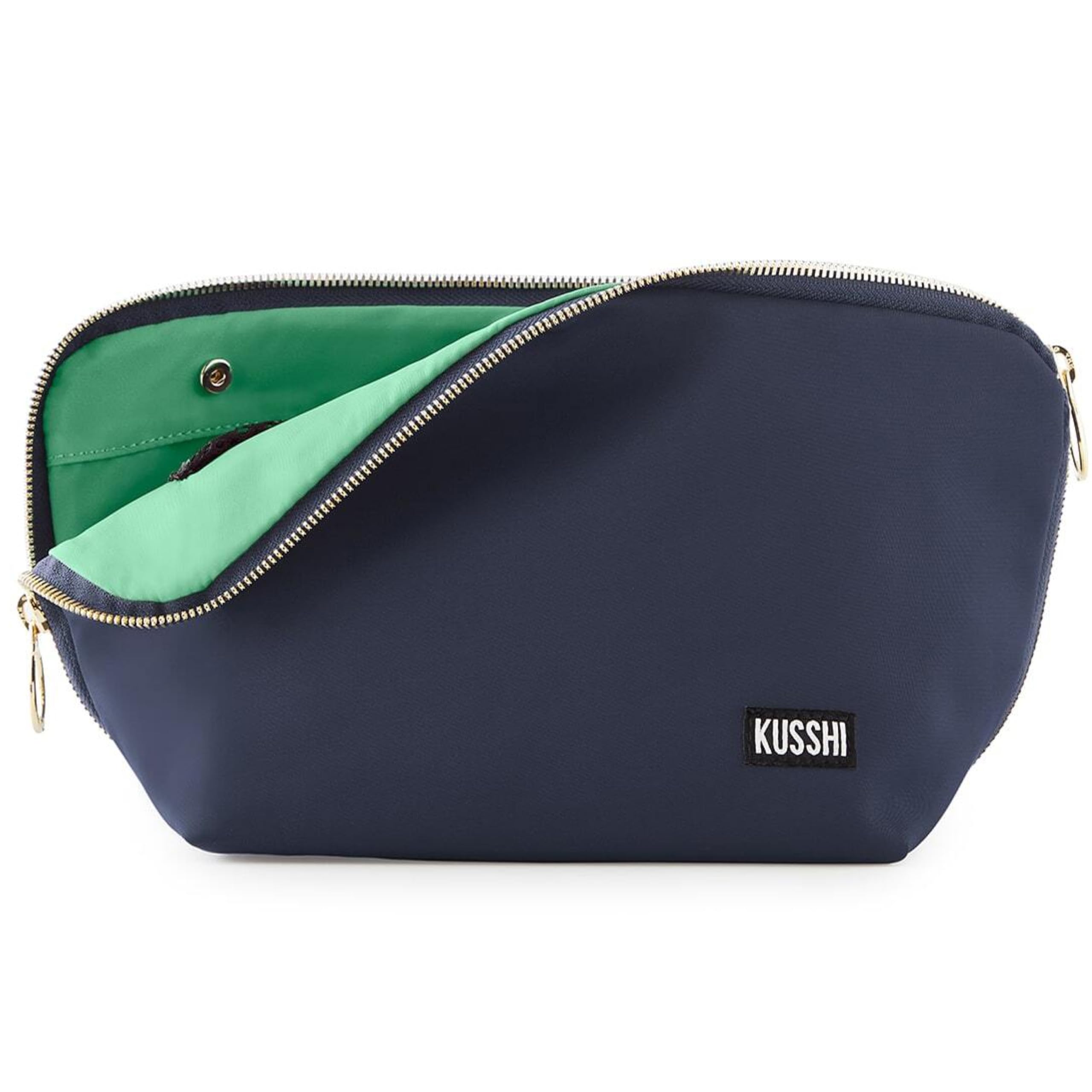 KUSSHI Waterproof Travel Makeup Bag with Brush Organizer - Reusable Cosmetic Pouch for Women | Perfect for Airplane Carry-on, Gym Essentials & Toiletry Storage (Navy/Mint)