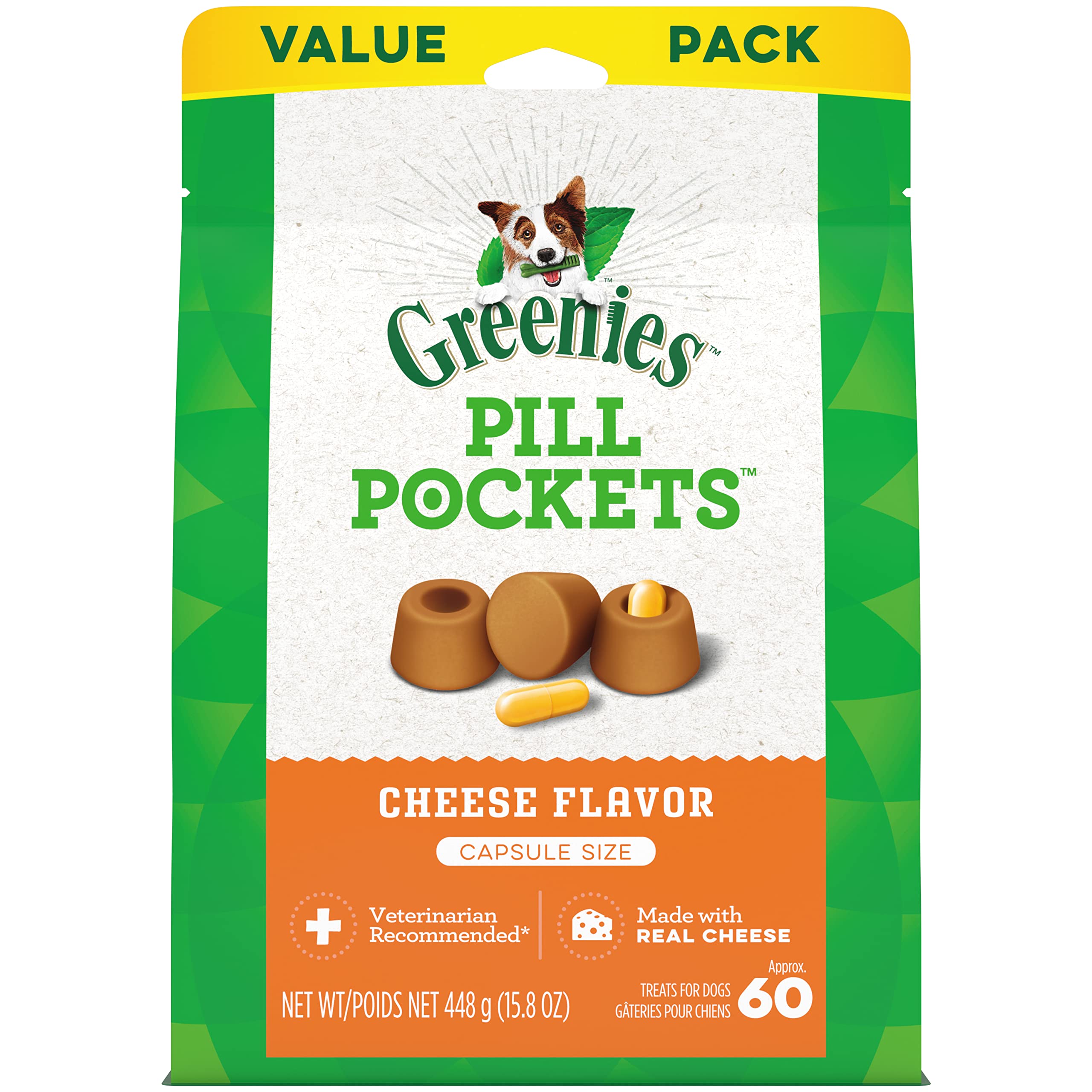 Greenies Pill Pockets for Dogs - Natural Soft Cheese Flavor Dog Treats, Capsule Size (60 Count, 15.8 oz) - Easy Medication for Picky Eaters & Senior Dogs