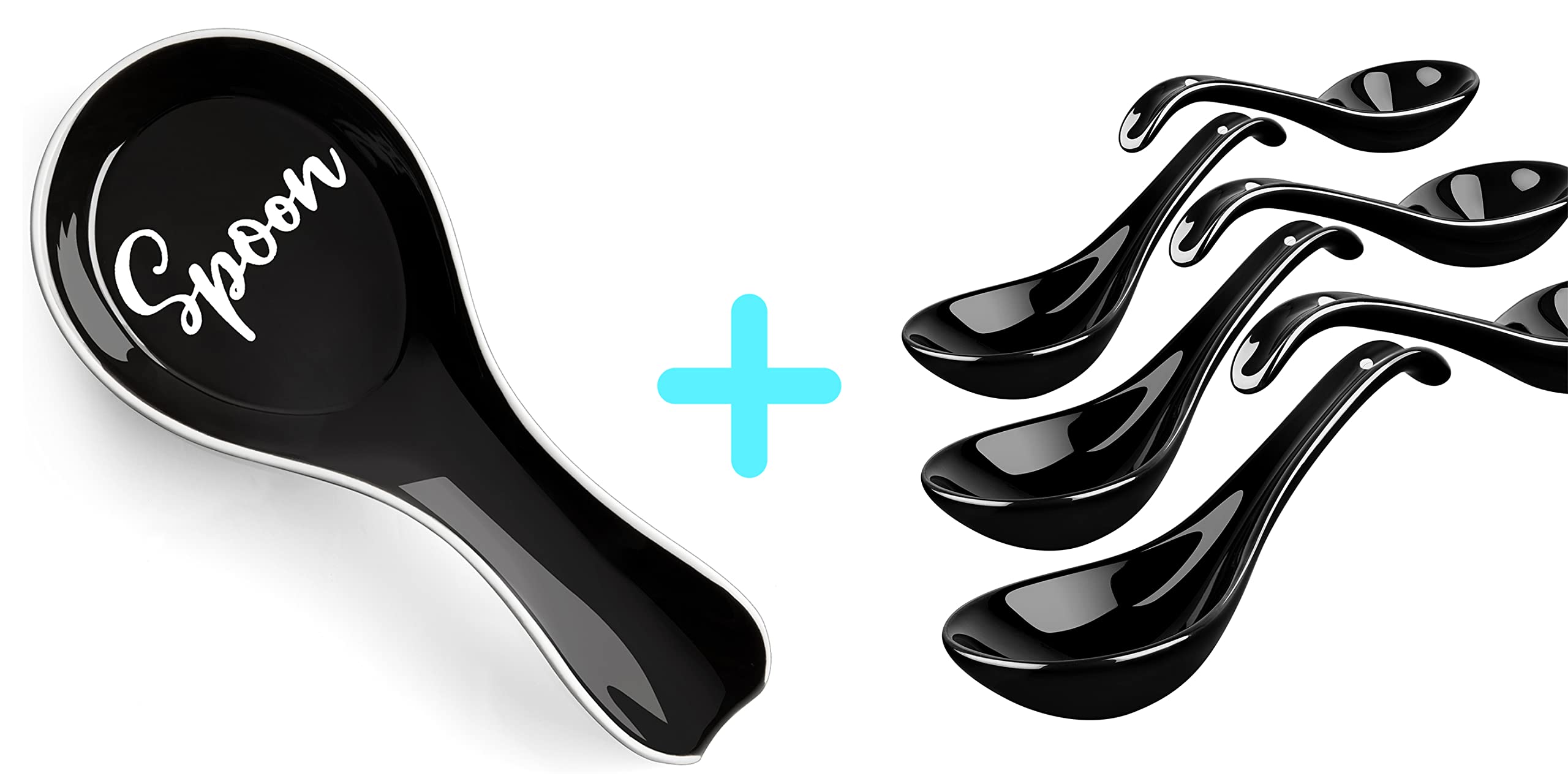 Premium Ceramic Spoon Rest for Stove Top - Heat Resistant Kitchen Utensil Holder + 6-Piece Asian Soup Spoon Set - Perfect for Cooking, Serving Noodles & Soup, Dishwasher Safe Kitchen Accessories